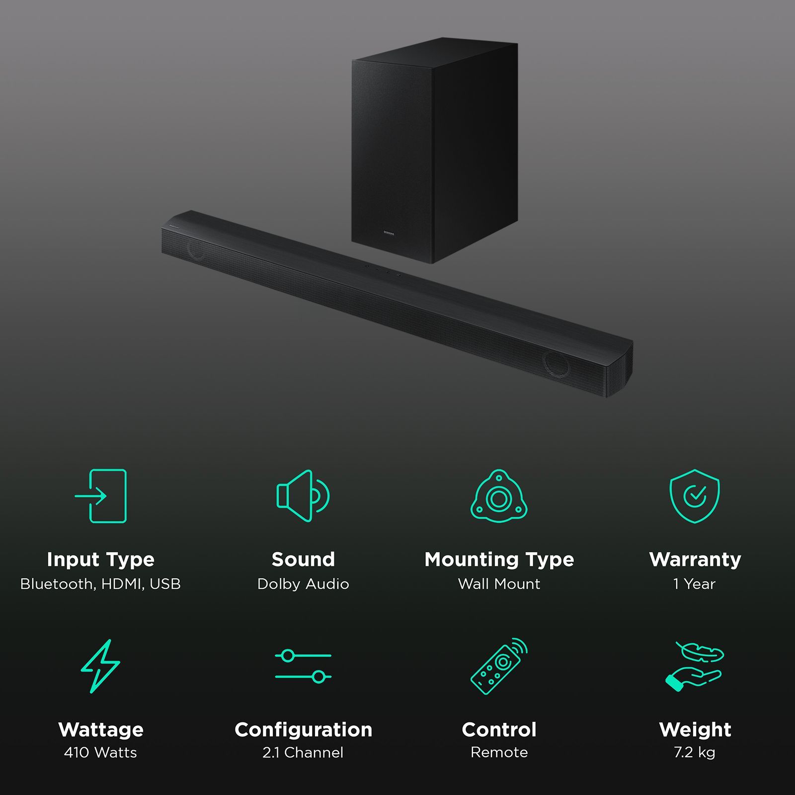 SAMSUNG HW-B550/XL 410W Bluetooth Soundbar with Remote (Dolby Audio, 2.1 Channel, Black)_2