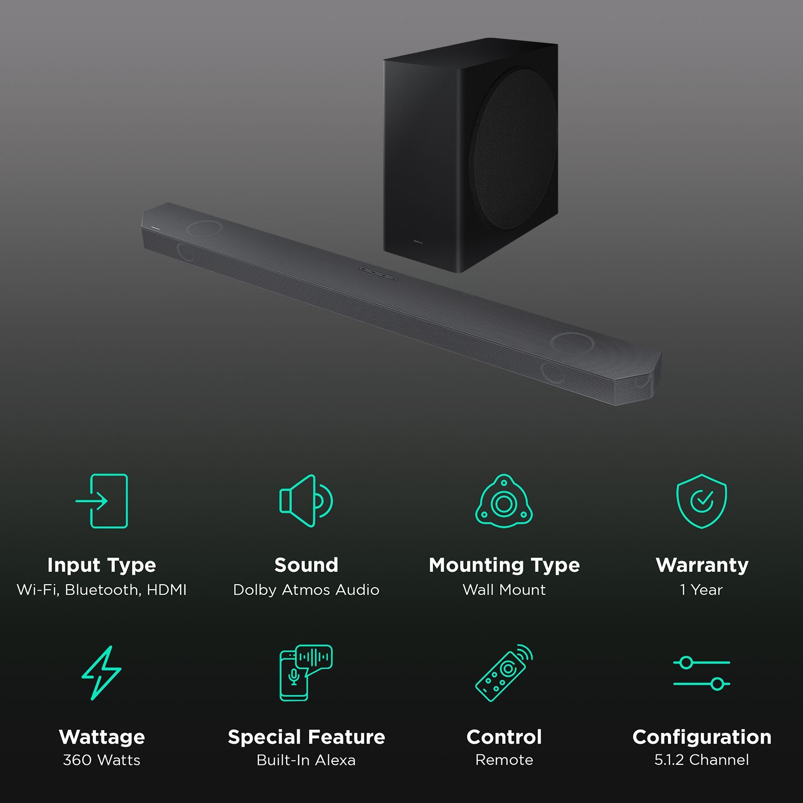 SAMSUNG HW-Q800B/XL 360W Bluetooth Soundbar with Remote (Dolby Atmos Audio, 5.1.2 Channel, Black)_2