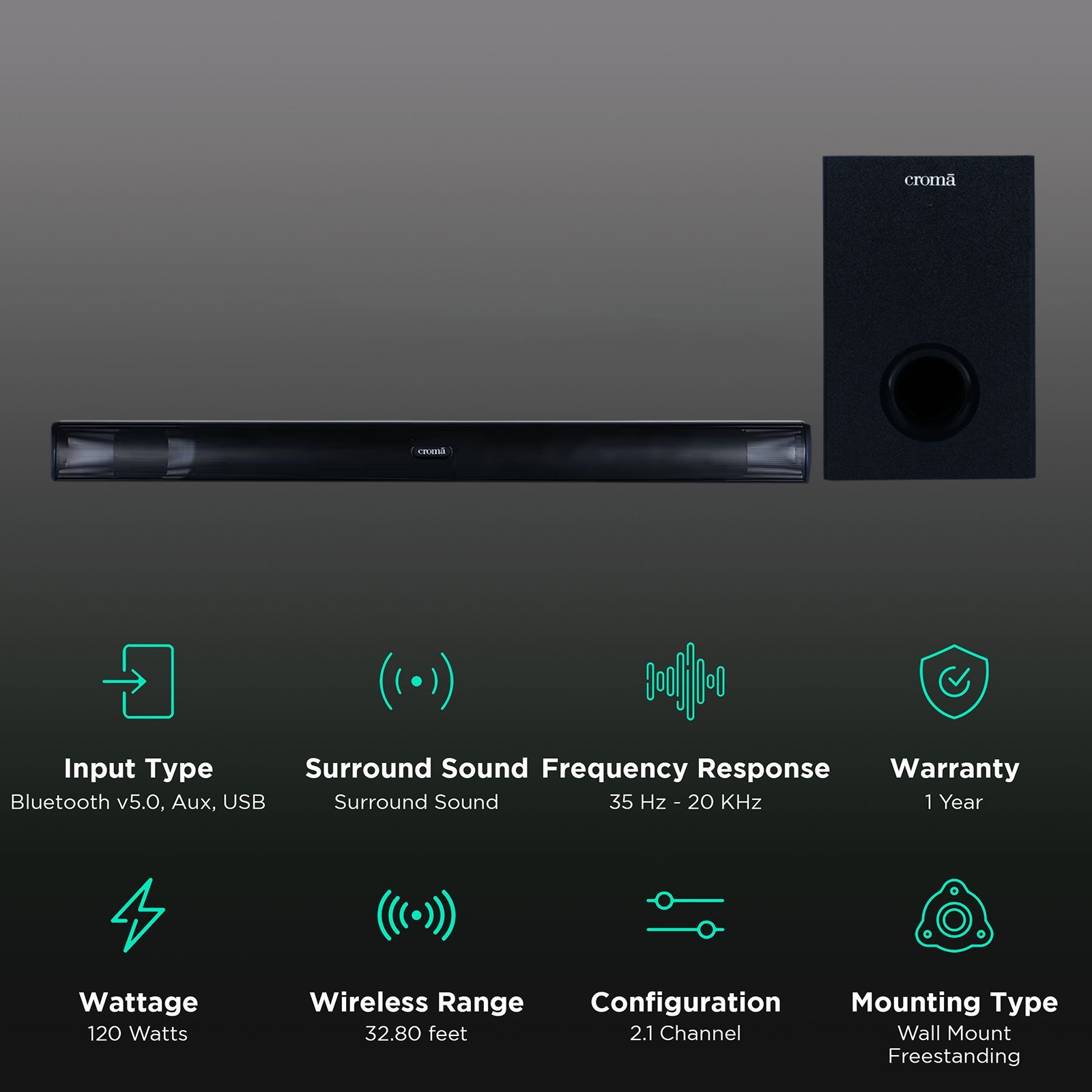 Croma 120W Bluetooth Soundbar with Remote (Surround Sound, 2.1 Channel, Black) Croma 120W Bluetooth Soundbar with Remote (Surround Sound, 2.1 Channel, Black)_2
