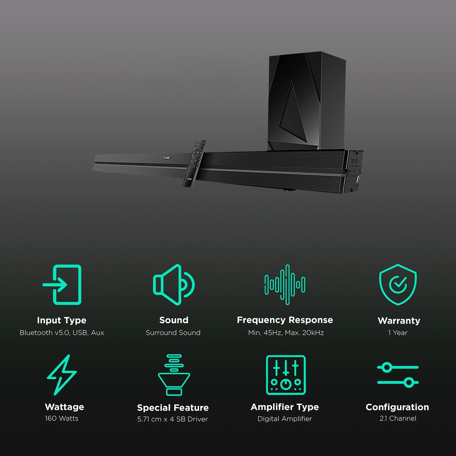 boAt Aavante Bar 2050 160W Bluetooth Soundbar with Remote (Surround Sound, 2.1 Channel, Black)_2