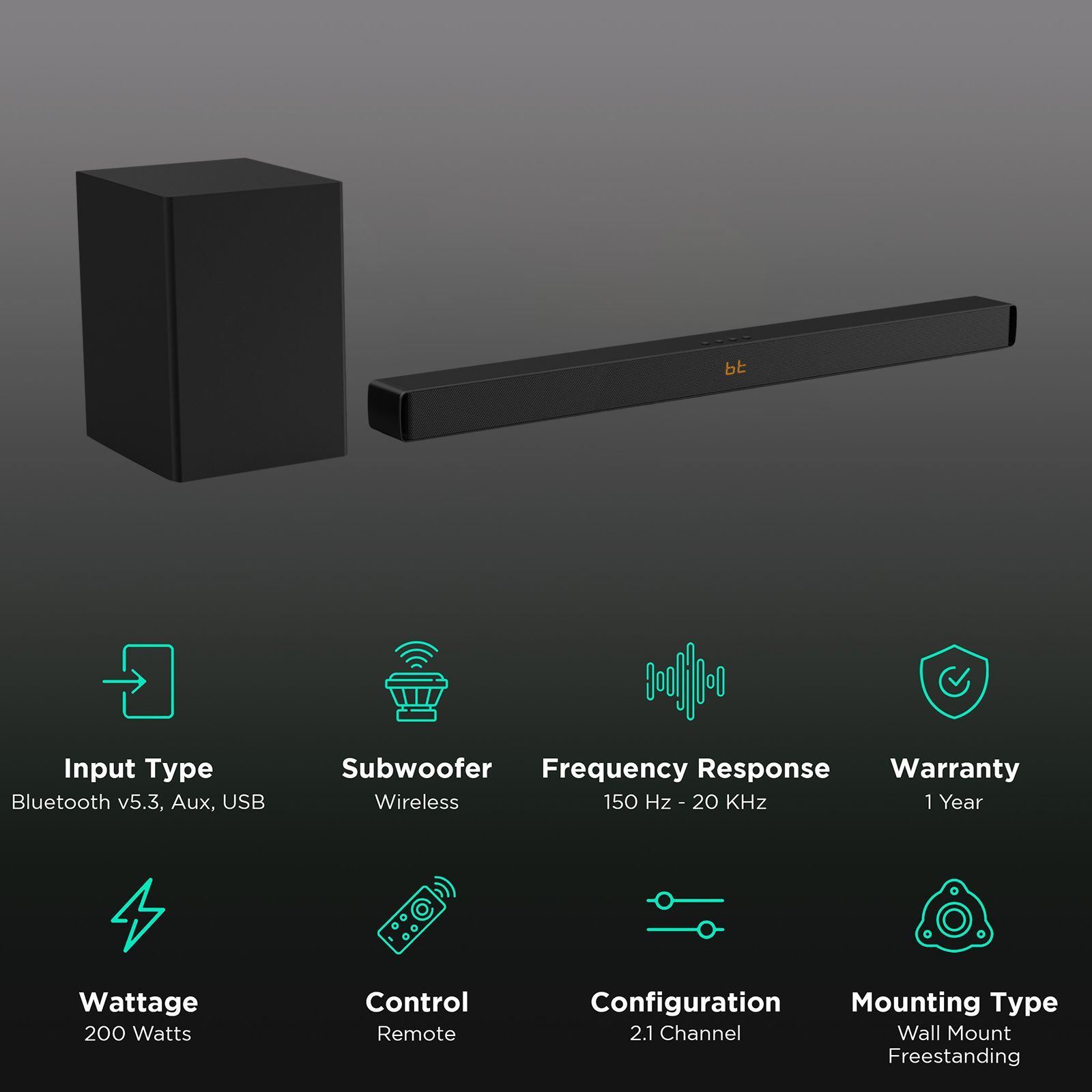 Croma 200W Soundbar with Remote (Wireless Subwoofer, 2.1 Channel, Black)_2