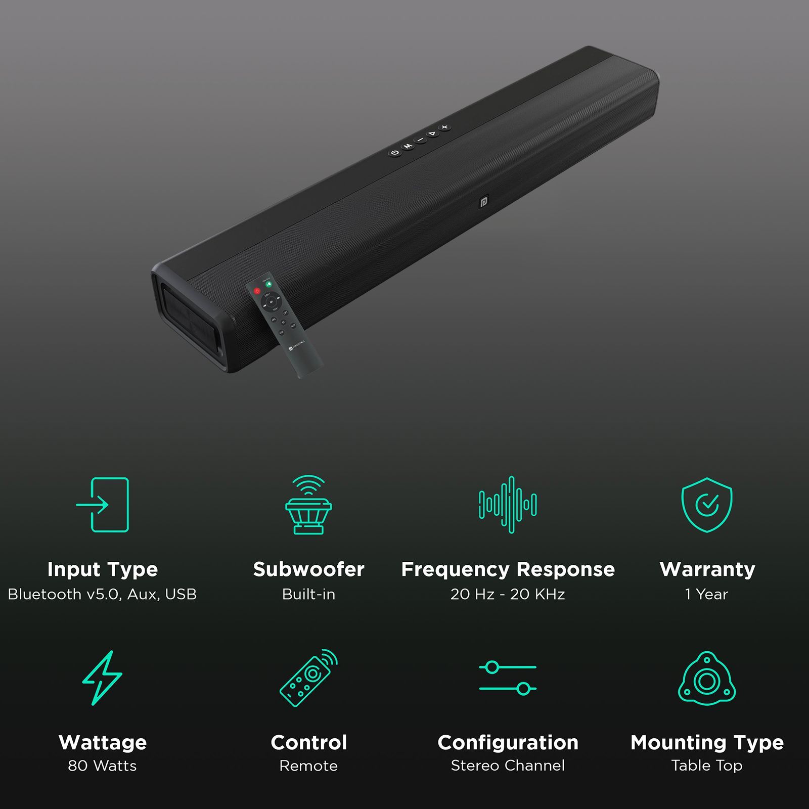 PORTRONICS Sound Slick III 80W Soundbar with Remote (Powerful Sound, Stereo Channel, Black)_2