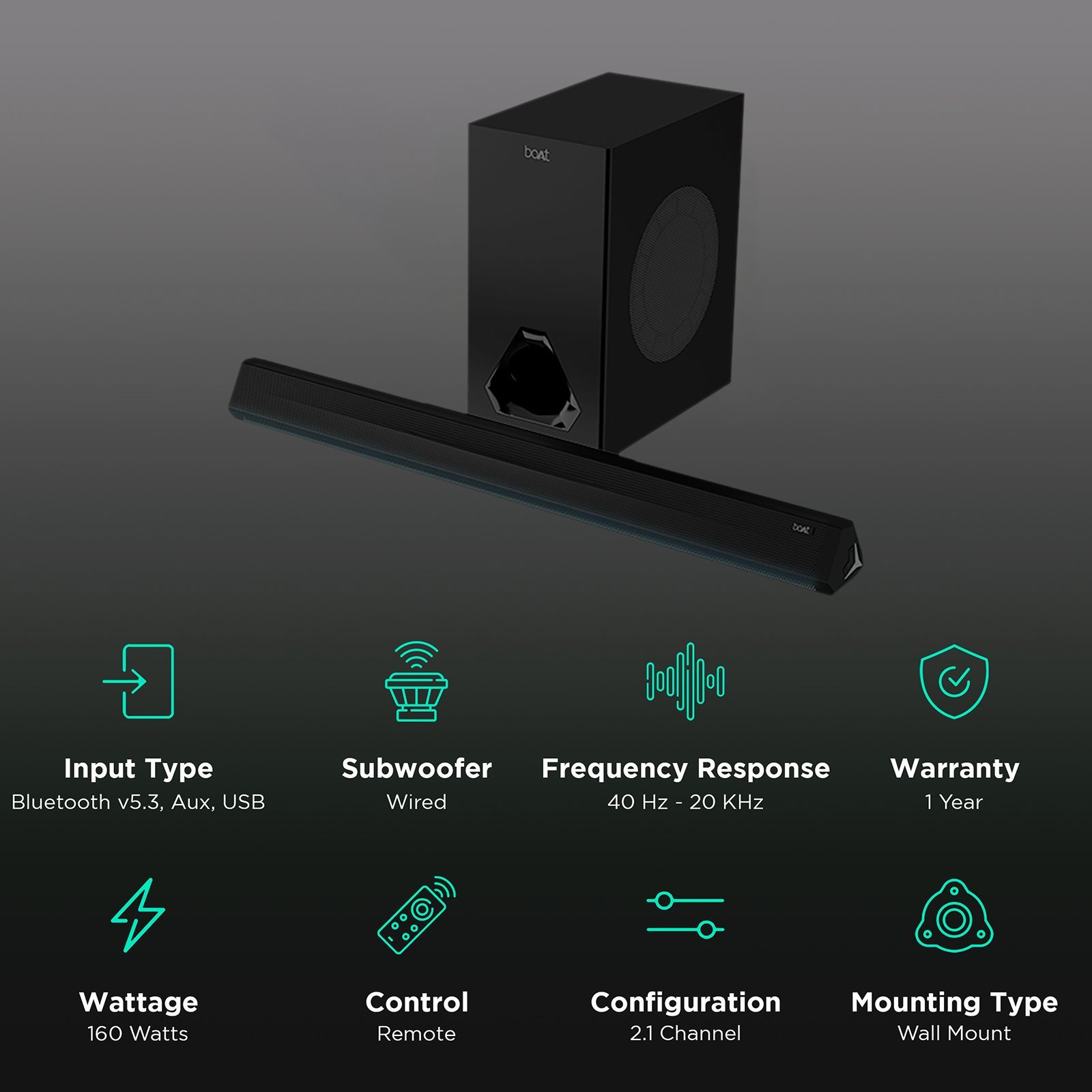 boAt Aavante Bar Aura 160W Bluetooth Soundbar with Remote (Surround Sound, 2.1 Channel, Black)_2