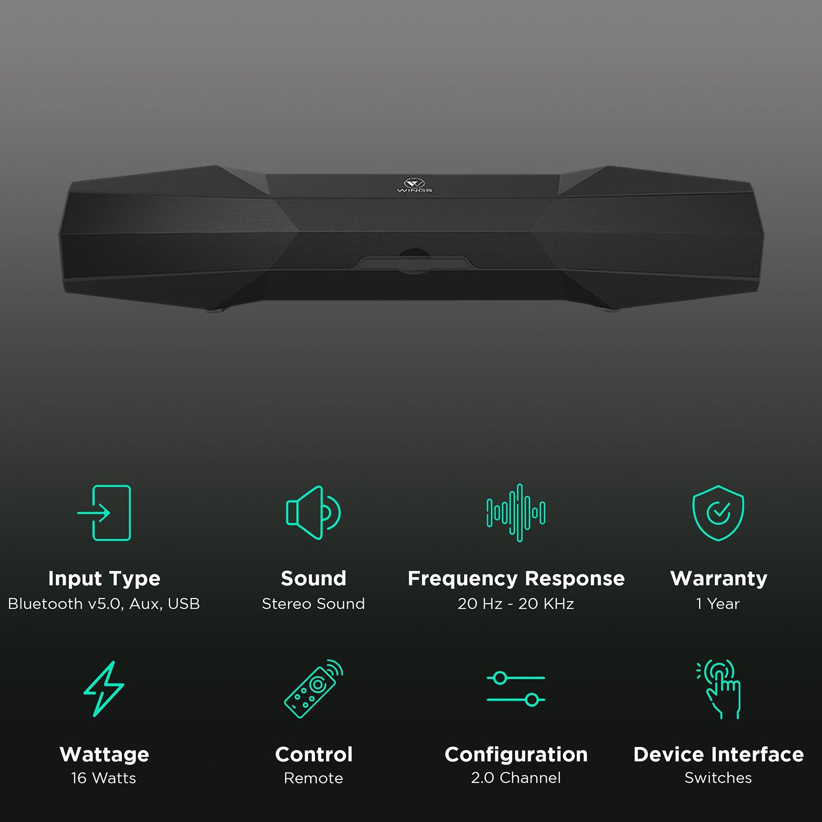 WINGS Center Stage 100 16W Bluetooth Soundbar (Stereo Sound, 2.0 Channel, Black)_2