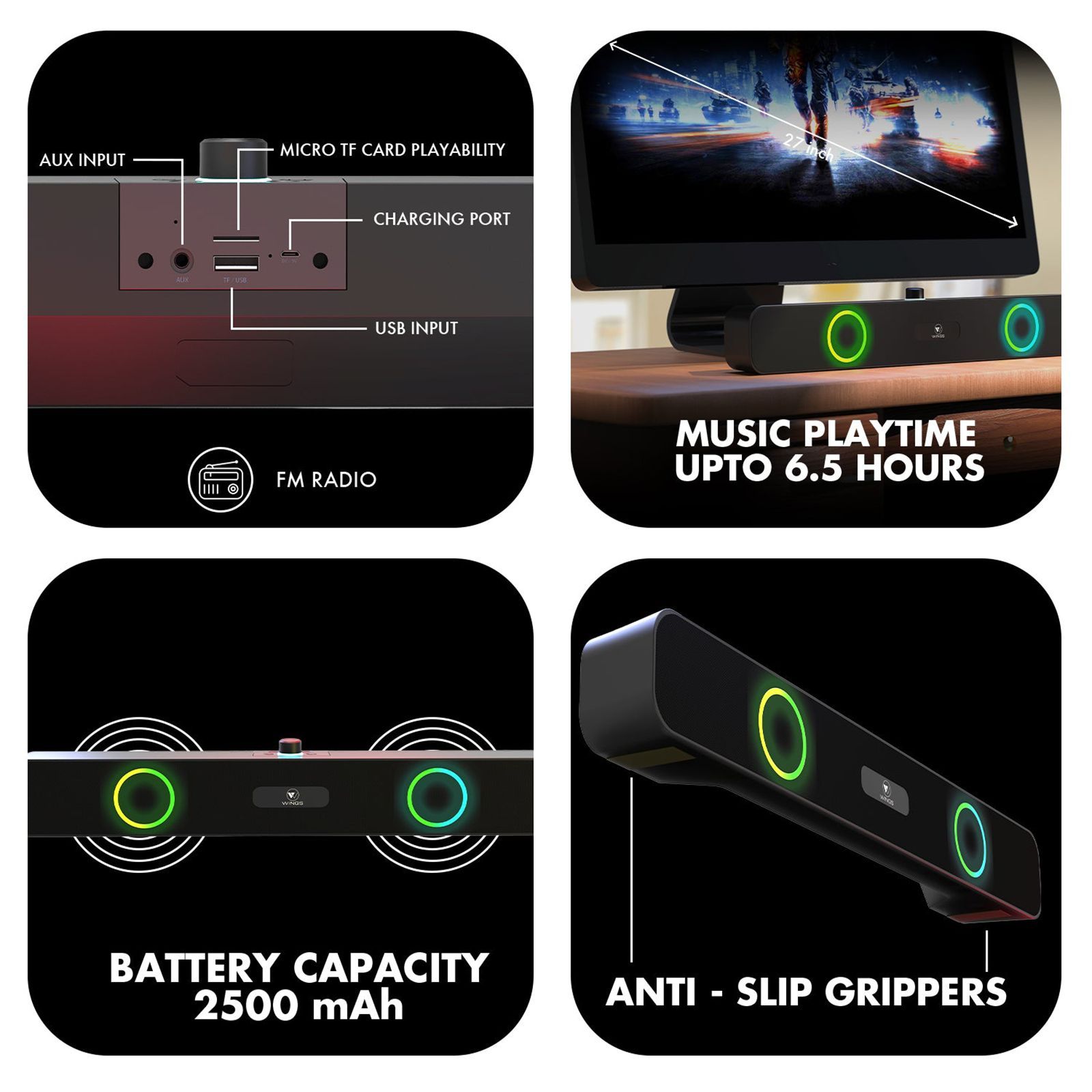 WINGS Center Stage 120 16W Bluetooth Soundbar (Surround Sound, 2.0 Channel, Black)_9