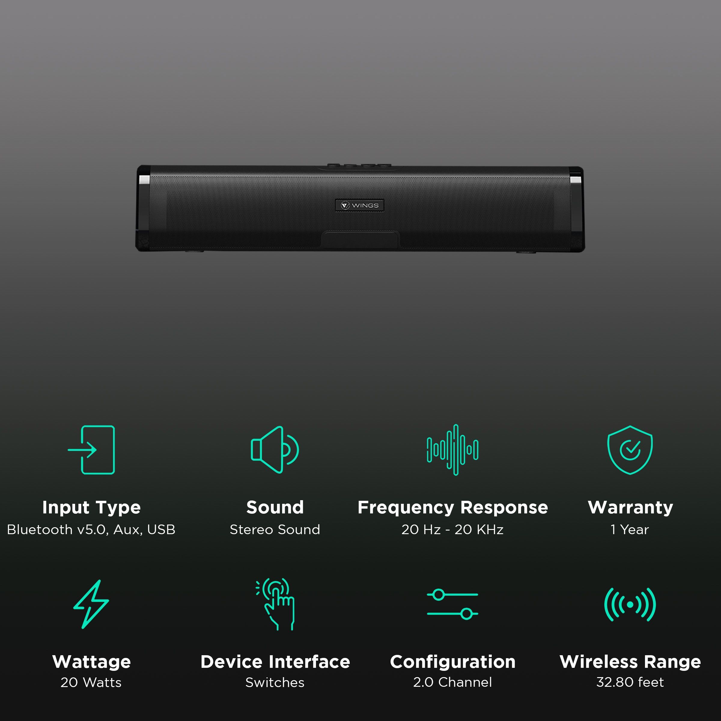WINGS Center Stage 210 20W Bluetooth Soundbar (Deep Bass, 2.0 Channel, Black) WINGS Center Stage 210 20W Bluetooth Soundbar (Deep Bass, 2.0 Channel, Black)_2