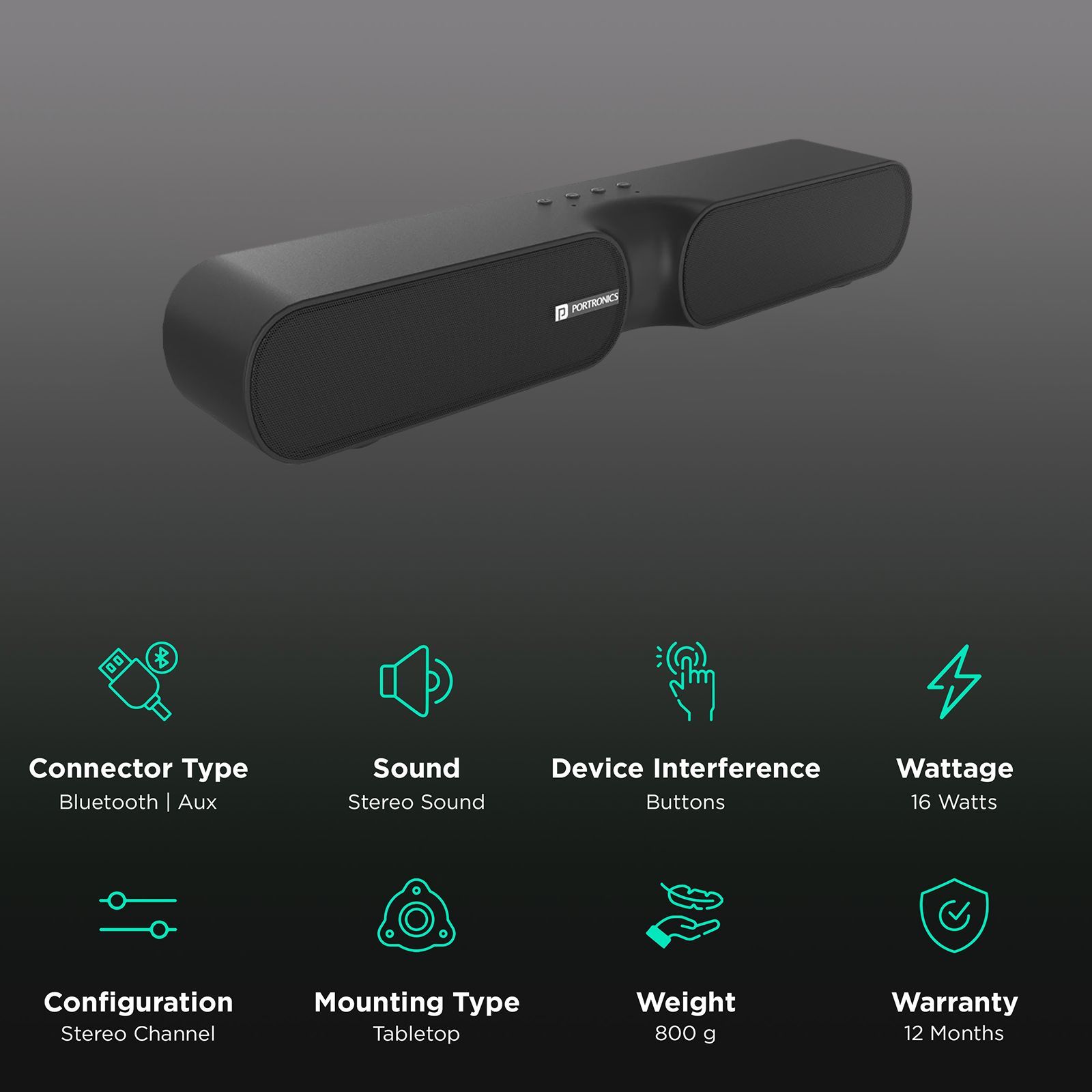 PORTRONICS Decibel 20 16W Bluetooth Soundbar (High Quality Sound, Stereo Channel, Black)_2