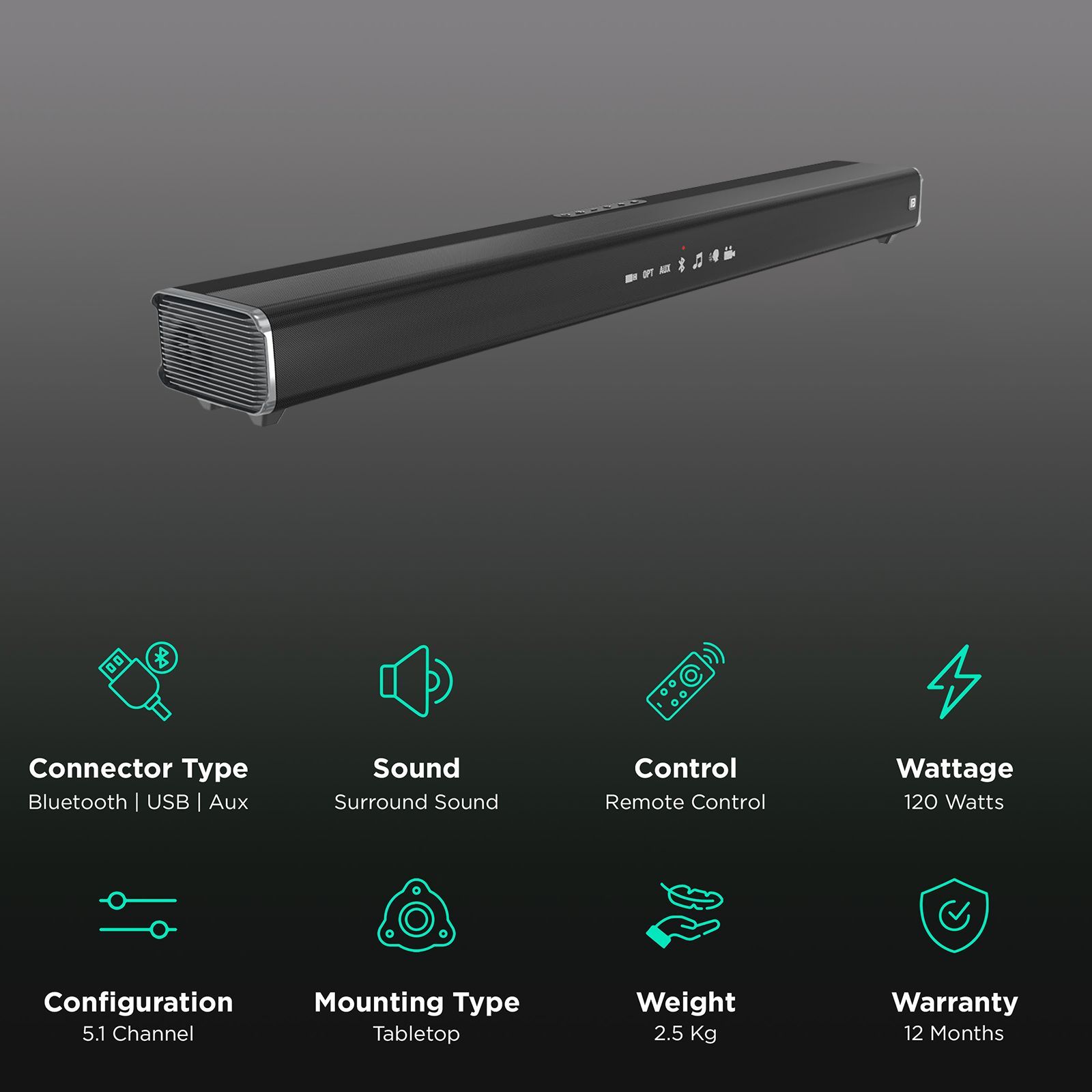 PORTRONICS Sound Slick IV 120W Bluetooth Soundbar with Remote (Surround Sound, 2.1 Channel, Black)_2