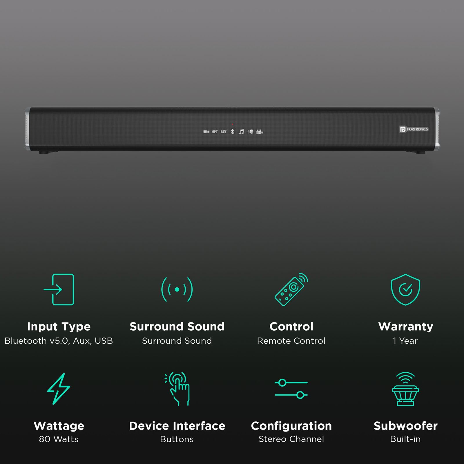 PORTRONICS Sound Slick 5 80W Bluetooth Soundbar with Remote (Surround Sound, Black)_2