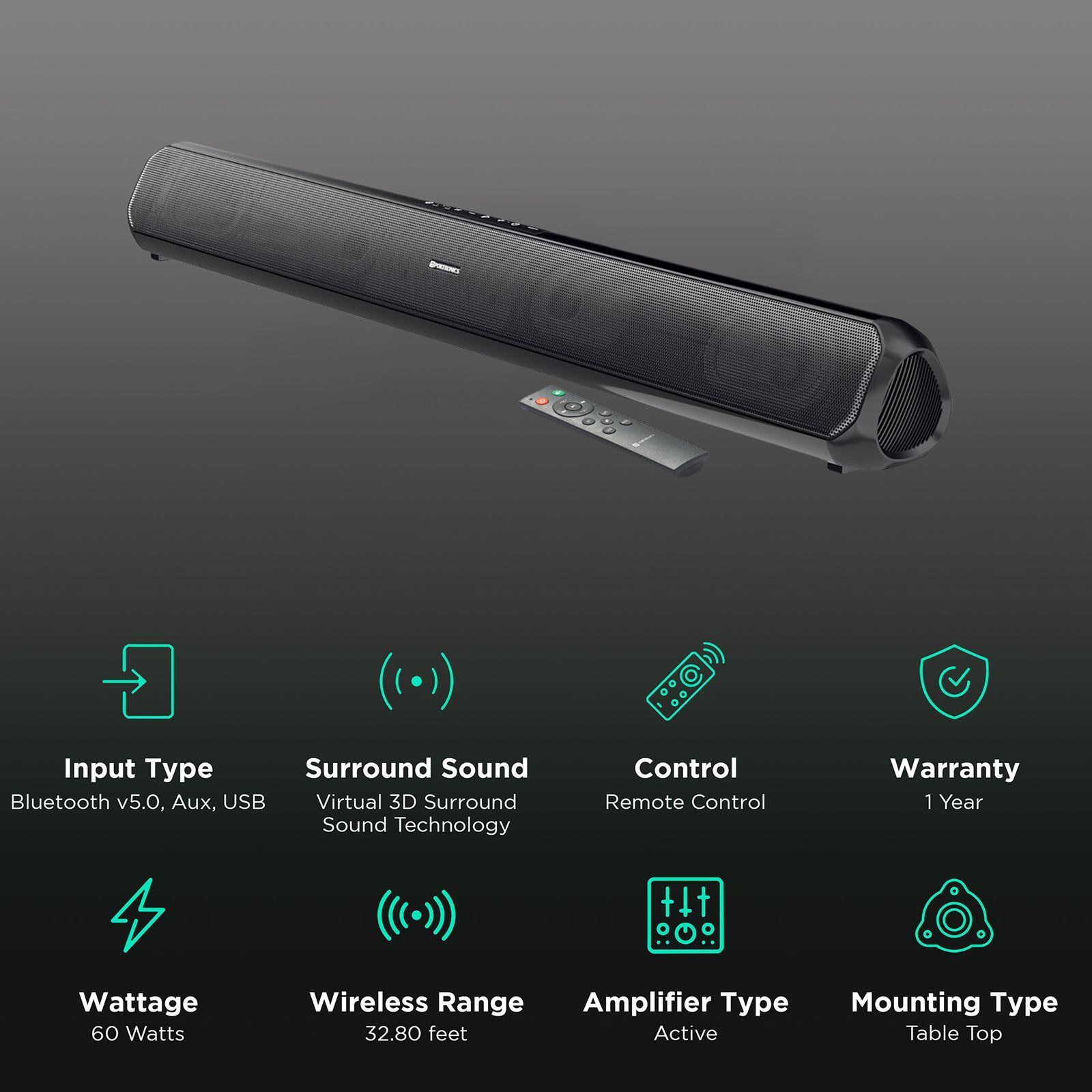 PORTRONICS Sound Slick 6 60W Bluetooth Soundbar with Remote (Virtual 3D Surround Sound Technology, Black) PORTRONICS Sound Slick 6 60W Bluetooth Soundbar with Remote (Virtual 3D Surround Sound Technology, Black)_2