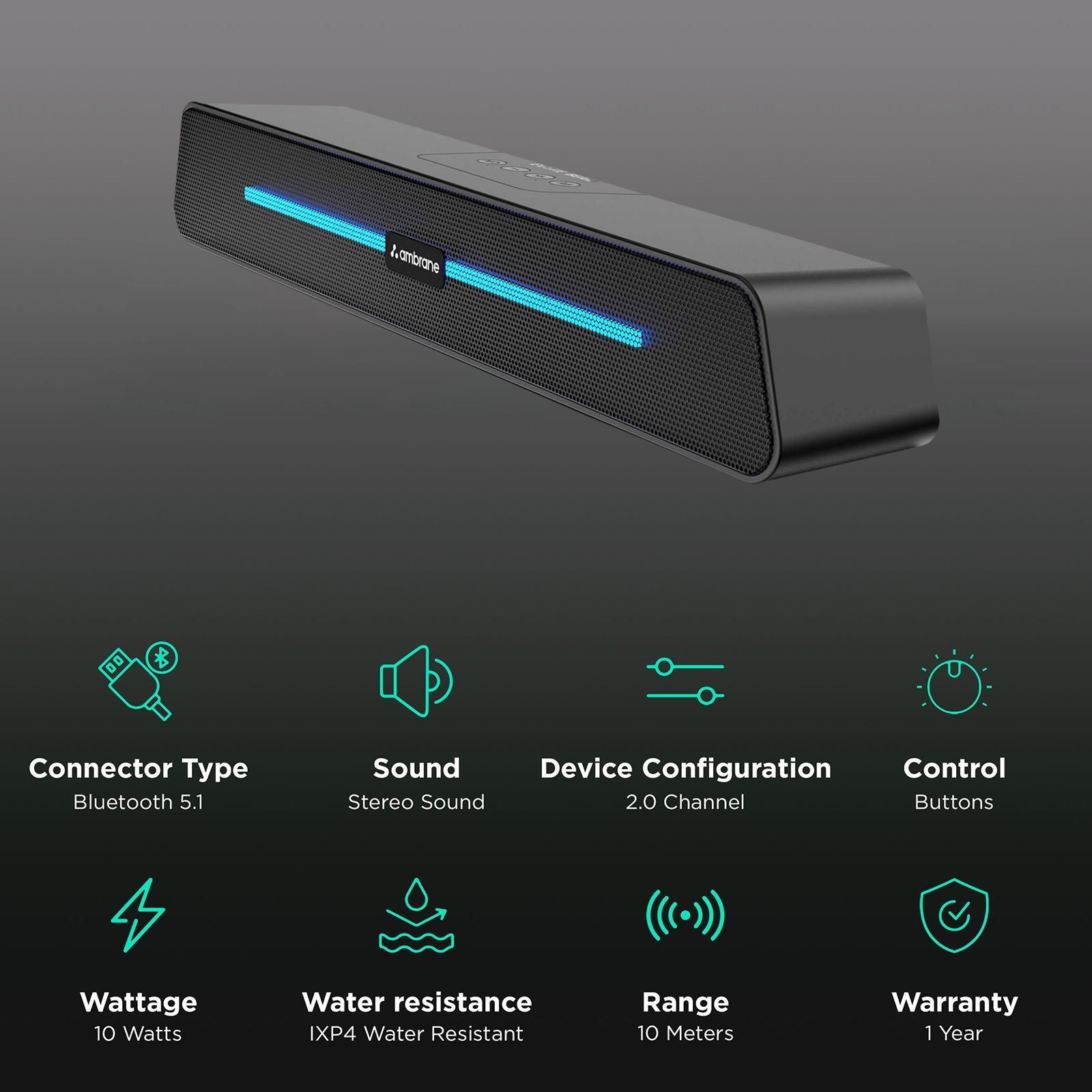 ambrane Evoke Beam 10W Bluetooth Soundbar (Stereo Sound, 2.0 Channel, Black)_2
