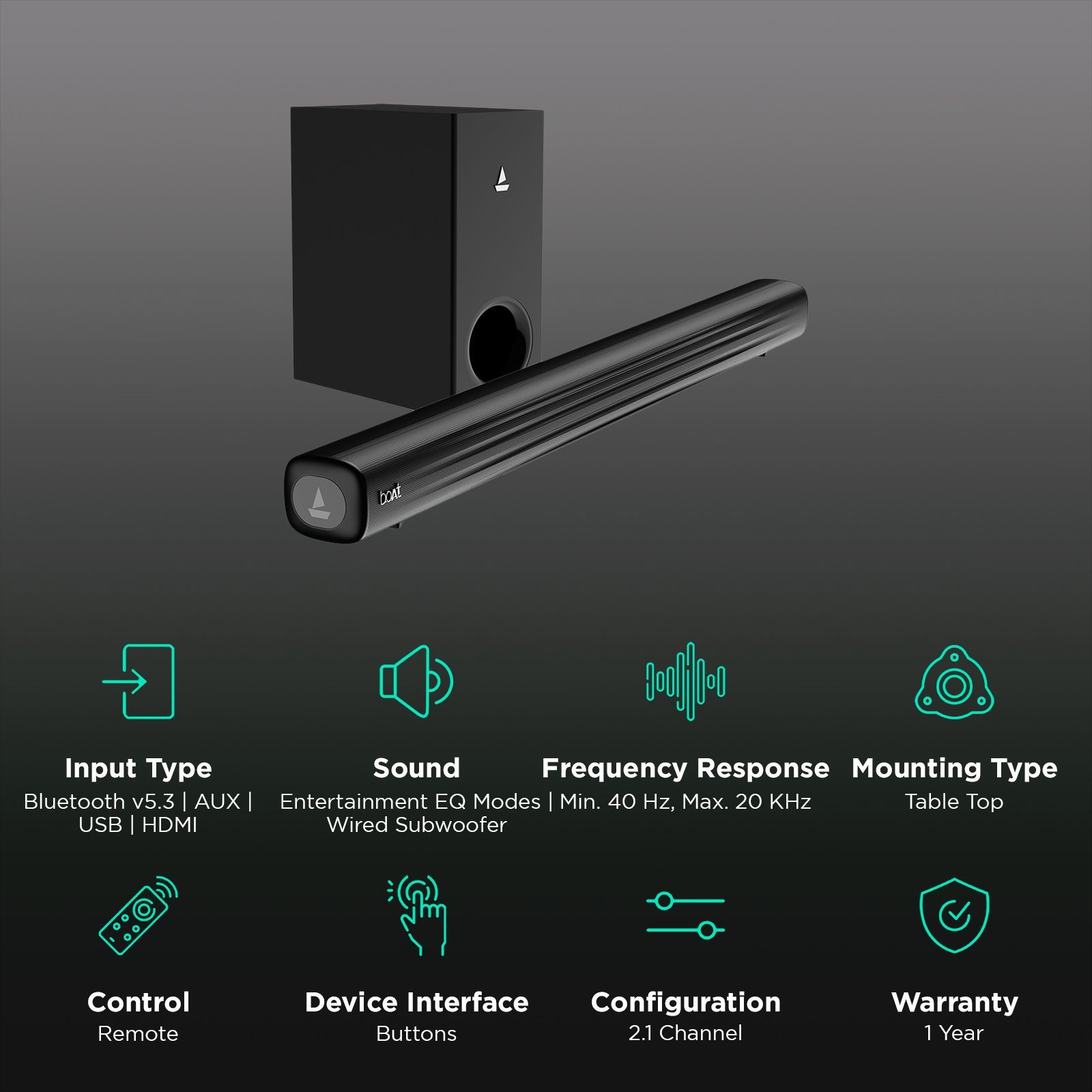 boAt Aavante Bar Aroha 100W Bluetooth Soundbar with Remote (Entertainment EQ Modes, 2.1 Channel, Black)_2