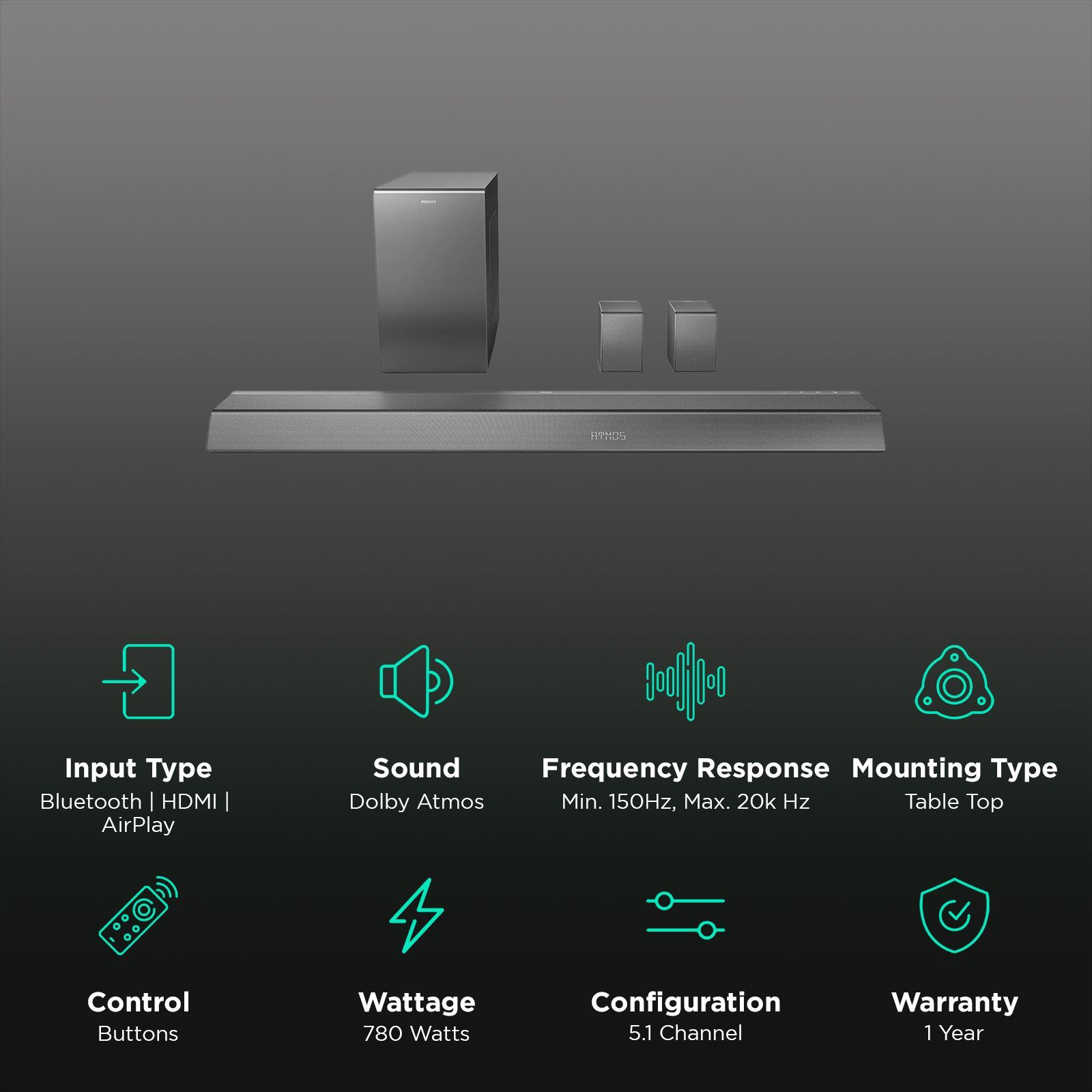 PHILIPS 780W Bluetooth Soundbar with Remote (Dolby Atmos, 5.1.2 Channel, Black)_2