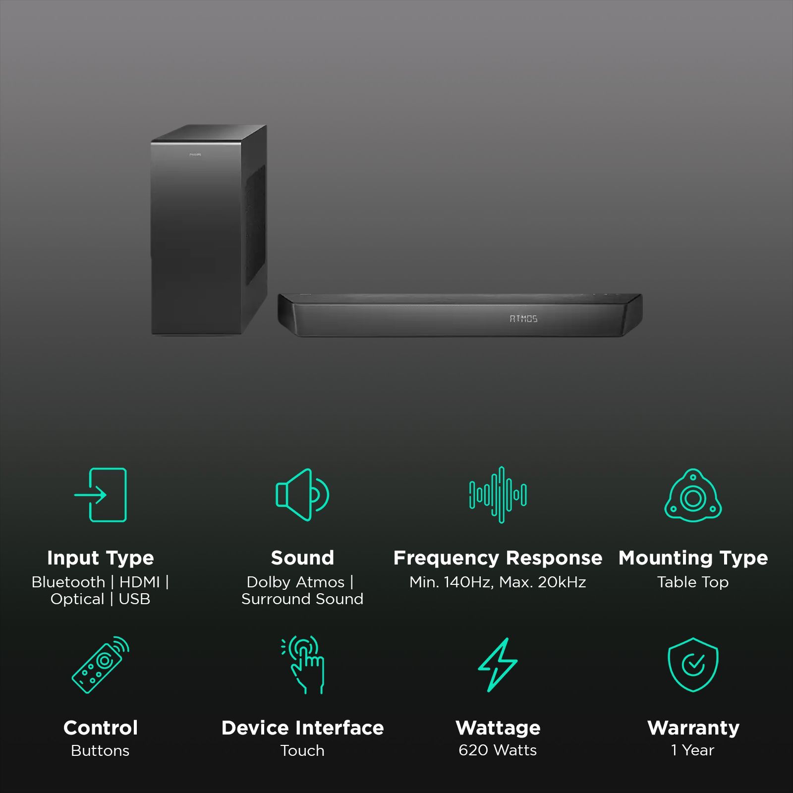 PHILIPS 620W Bluetooth Soundbar with Remote (Dolby Atmos, 3.1 Channel, Black)_2