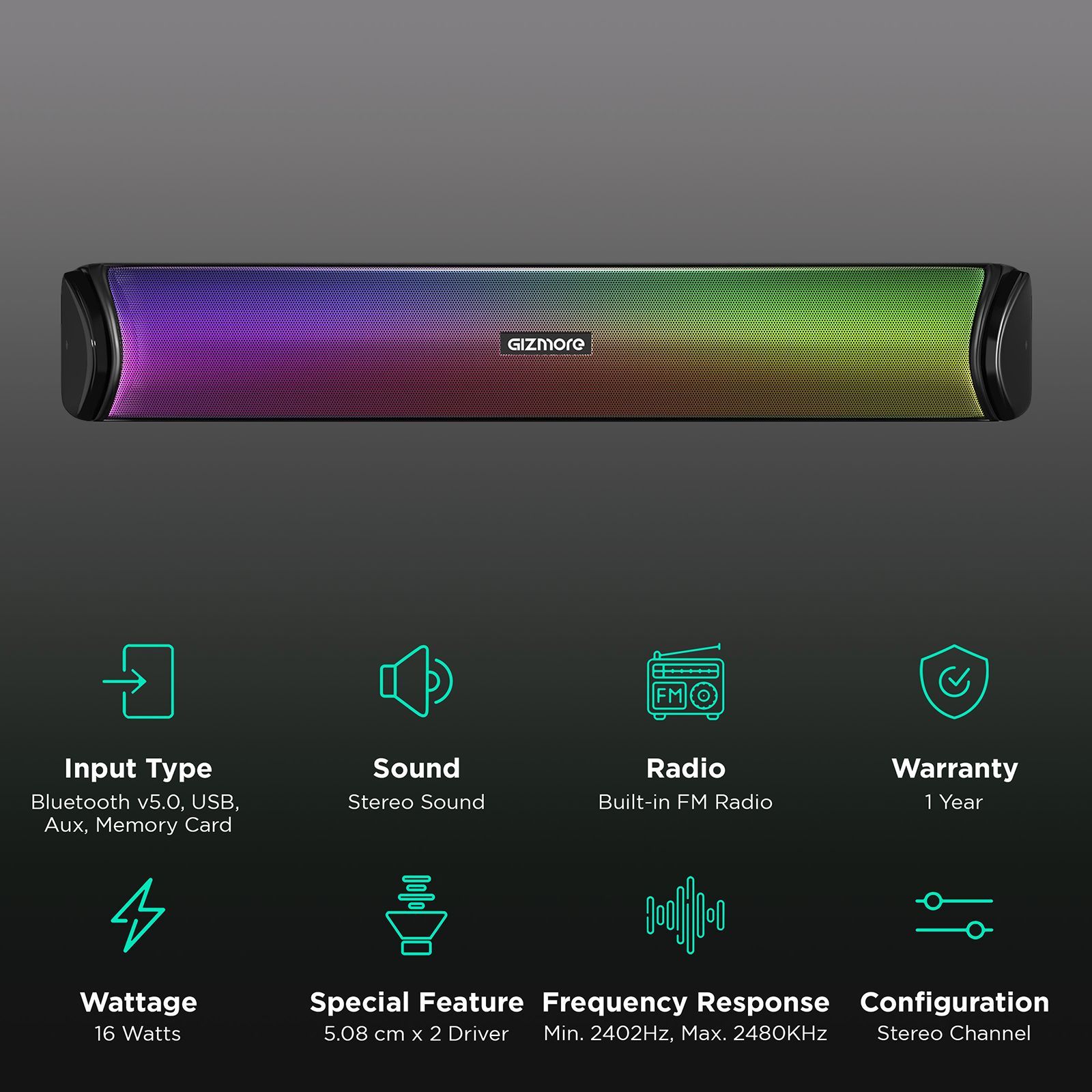 GIZmore Gizbar 1600 16W Bluetooth Soundbar (Noise Free Sound, Stereo Channel, Black)_2