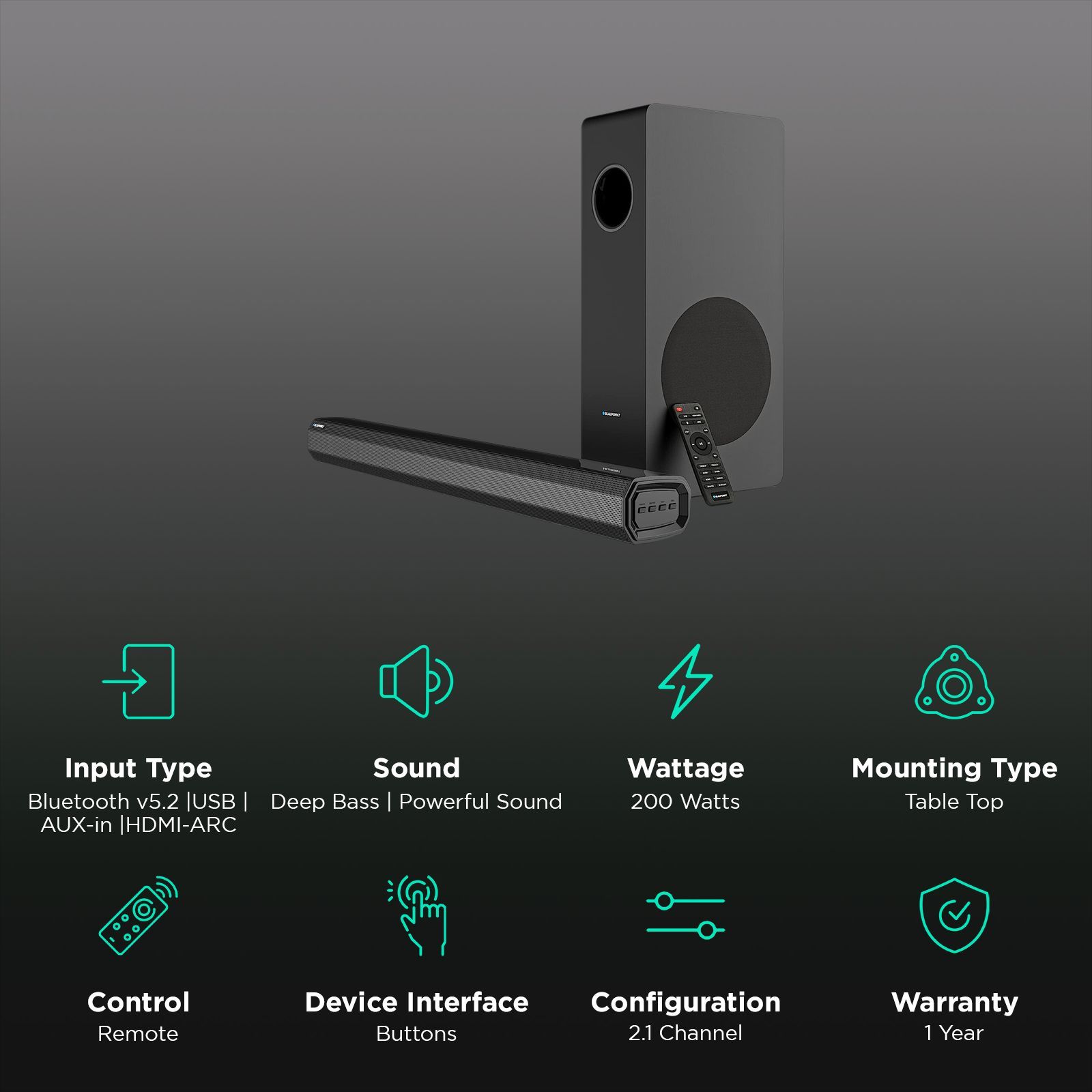 Blaupunkt SBW250 200W Bluetooth Soundbar with Remote (Powerful Surround Sound, 2.1 Channel, Black)_2