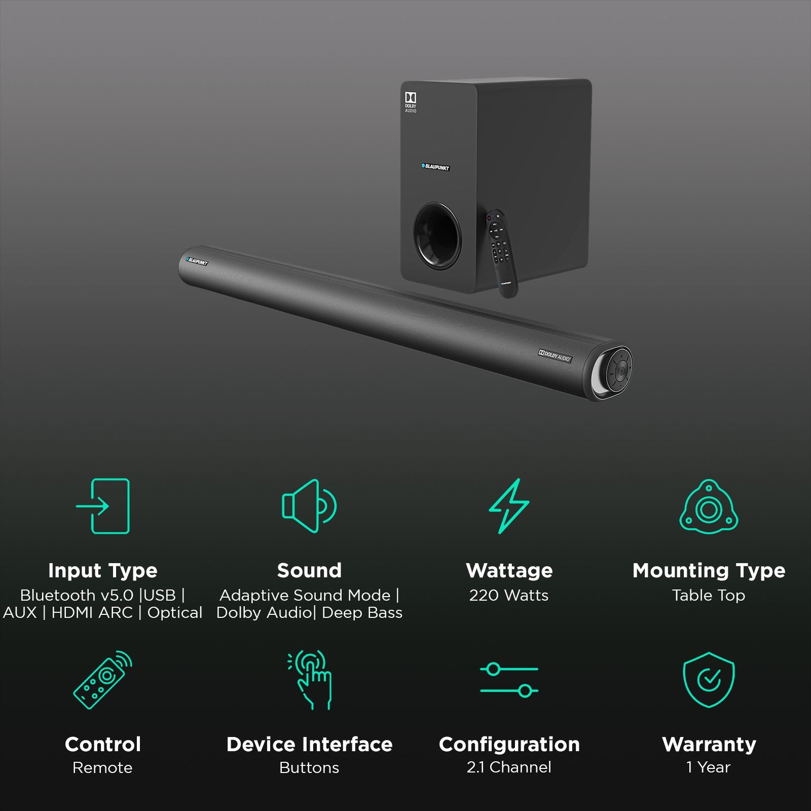 Blaupunkt SBWL100 220W Bluetooth Soundbar with Remote (Adaptive Sound Mode, 2.1 Channel, Black)_2