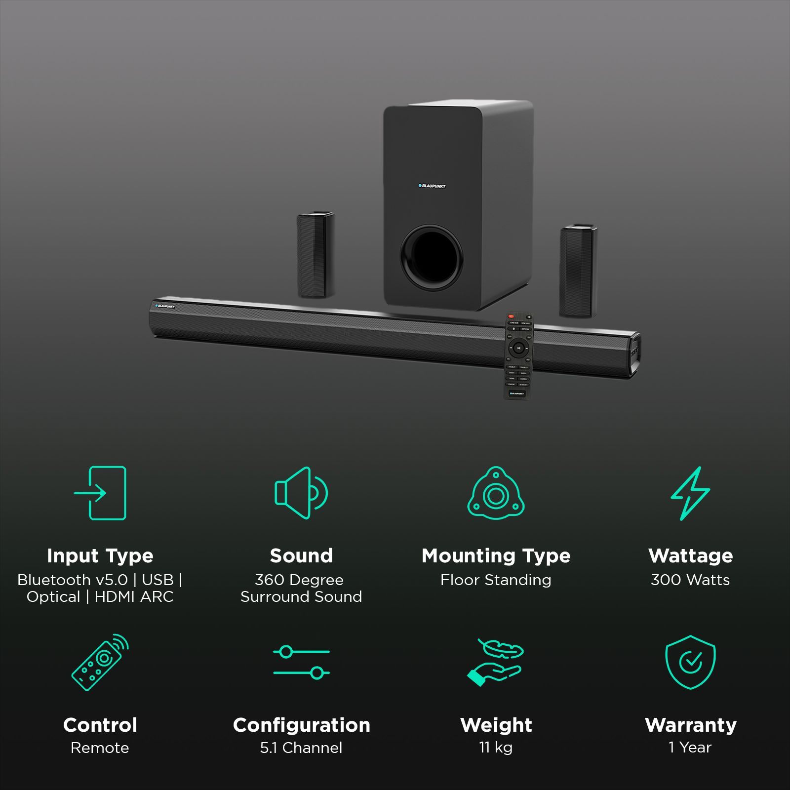 Blaupunkt SBW550 300 Watt Sound Bar with Remote ( 360 Degree Surround Sound, 5.1 Channel, Black )_2