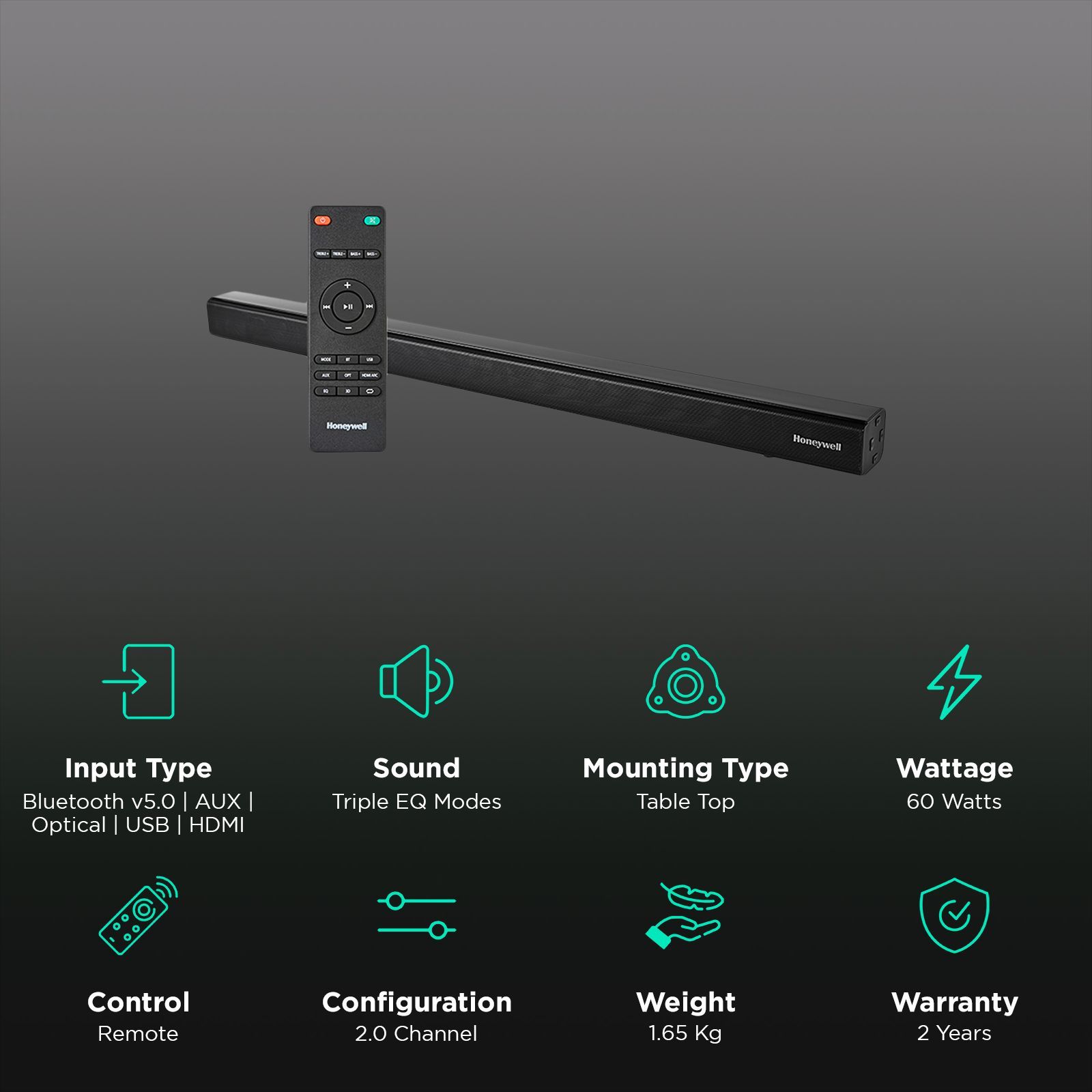 Honeywell Suono P2000 60W Bluetooth Soundbar with Remote (Triple EQ Modes, 2.0 Channel, Black)_2