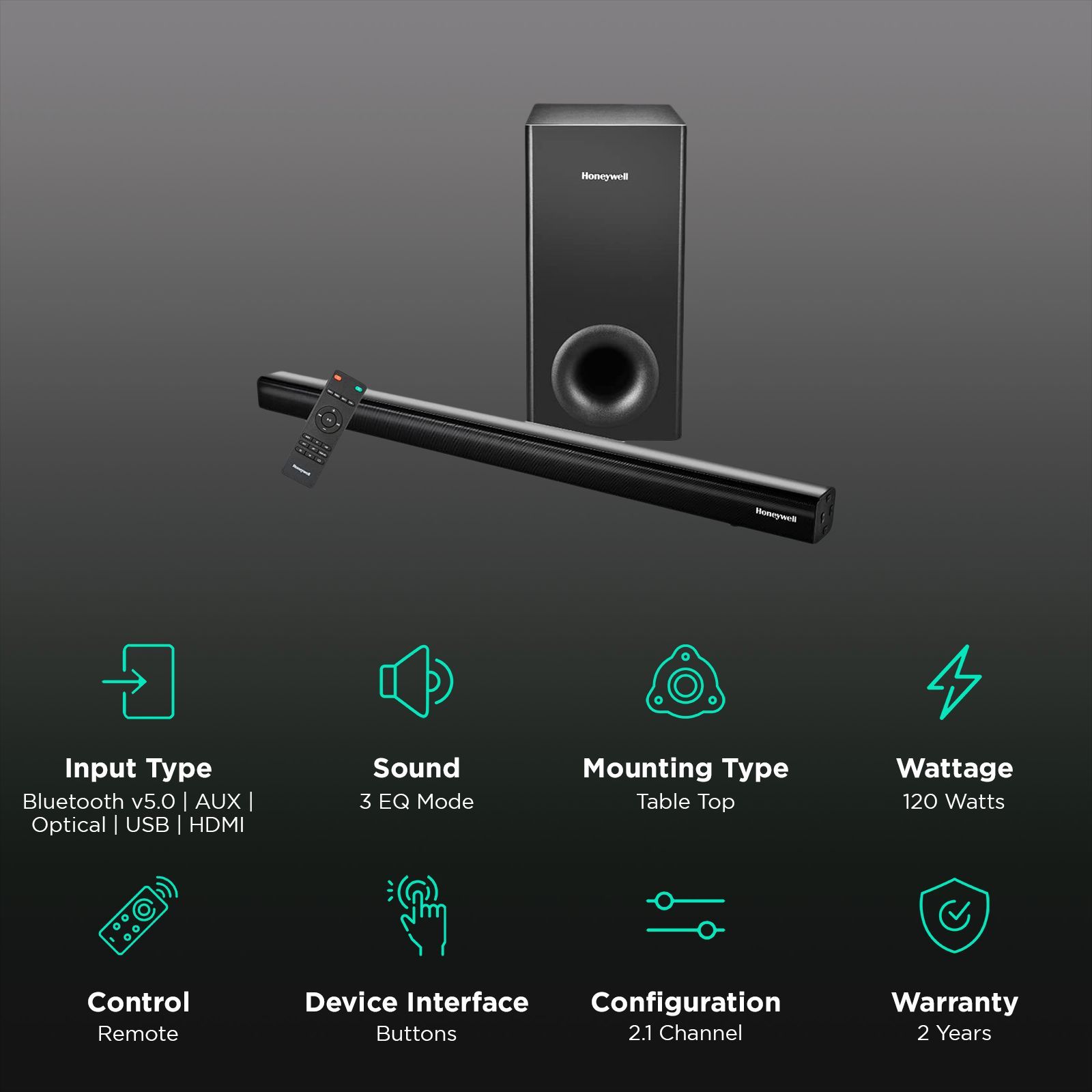 Honeywell TRUENO U2000 120W Bluetooth Soundbar with Remote (3 EQ Mode, 2.1 Channel, Black)_2