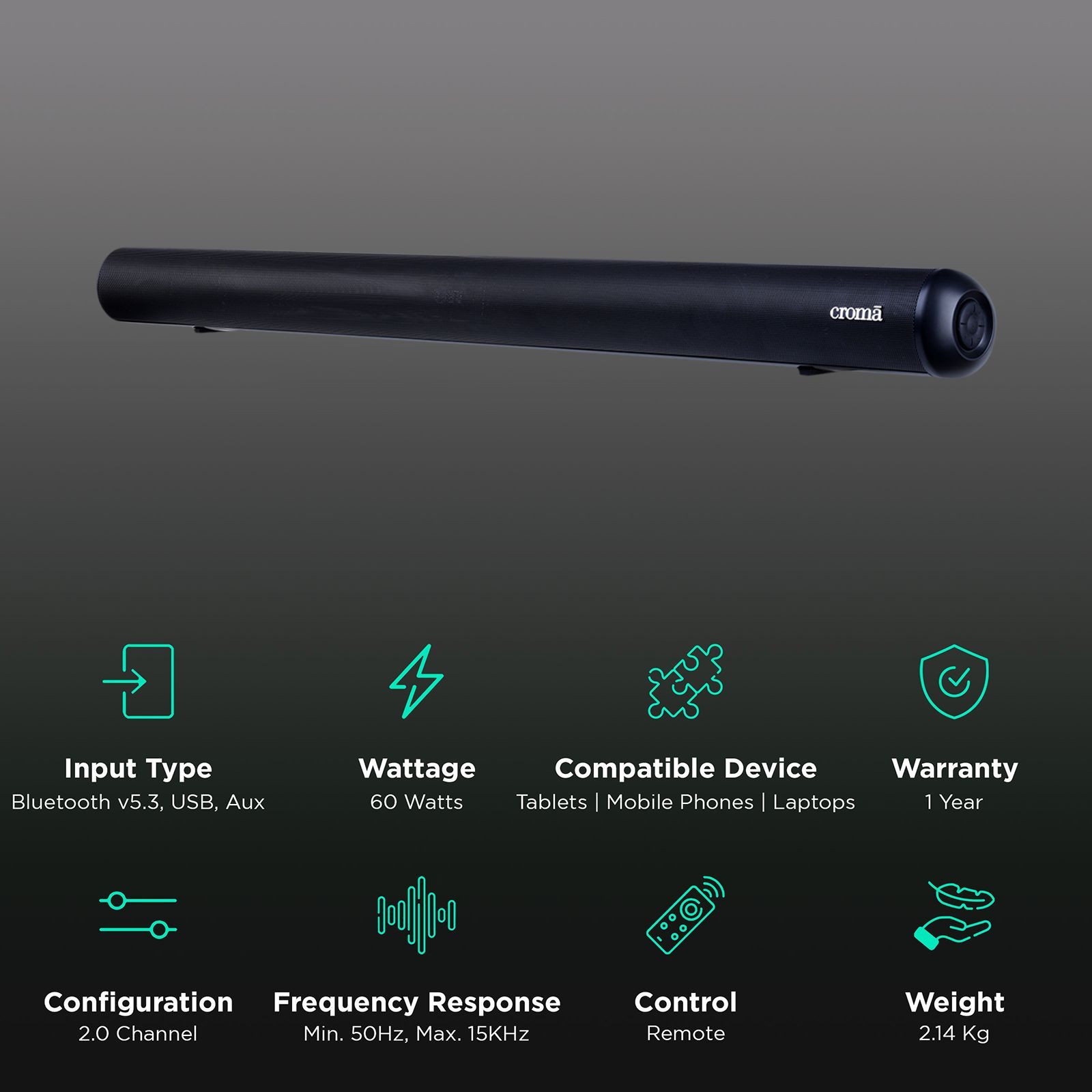 Croma 60W Bluetooth Soundbar with Remote (Preset EQ Modes, 2.0 Channel, Black) Croma 60W Bluetooth Soundbar with Remote (Preset EQ Modes, 2.0 Channel, Black)_2