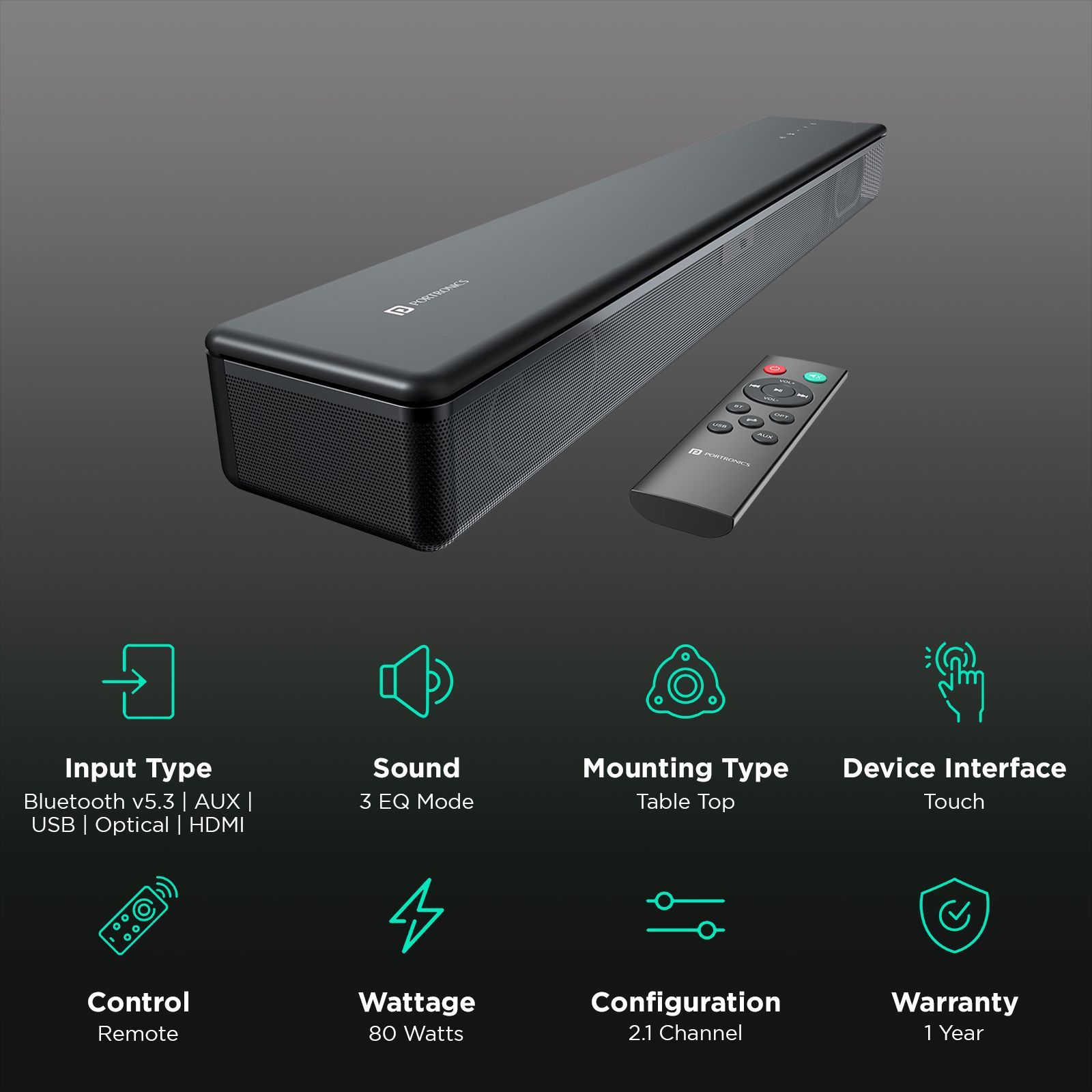 PORTRONICS Sound Slick 8 80W Bluetooth Soundbar with Remote (Surround Sound, 2.1 Channel, Black)_2