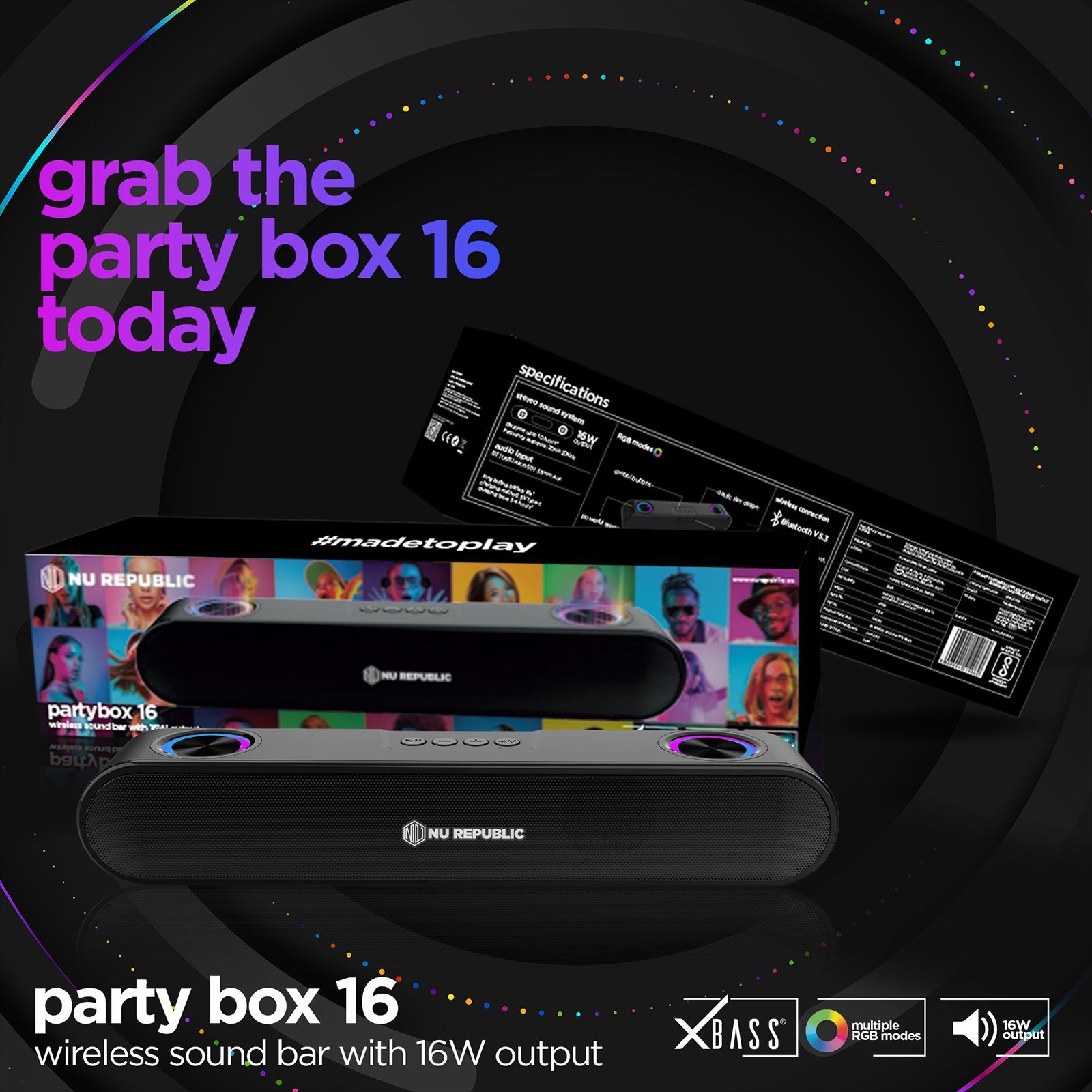 Nu Republic Party Box 16 16W Bluetooth Soundbar ( 360 Degree Surround Sound, 2.0 Channel, Black)_14