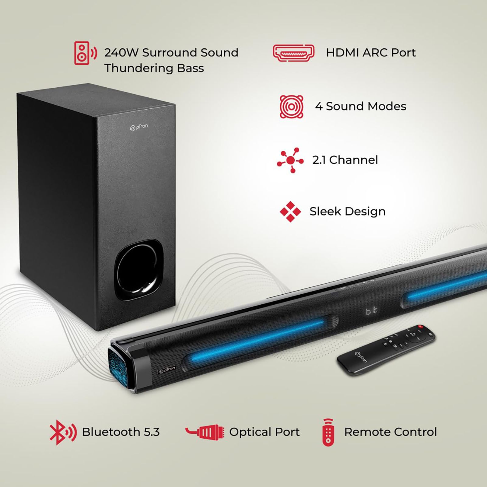 pTron Jazz Pro X1 240W Bluetooth Soundbar with Remote (Bass Boost, 2.1 Channel, Black) pTron Jazz Pro X1 240W Bluetooth Soundbar with Remote (Bass Boost, 2.1 Channel, Black)_8