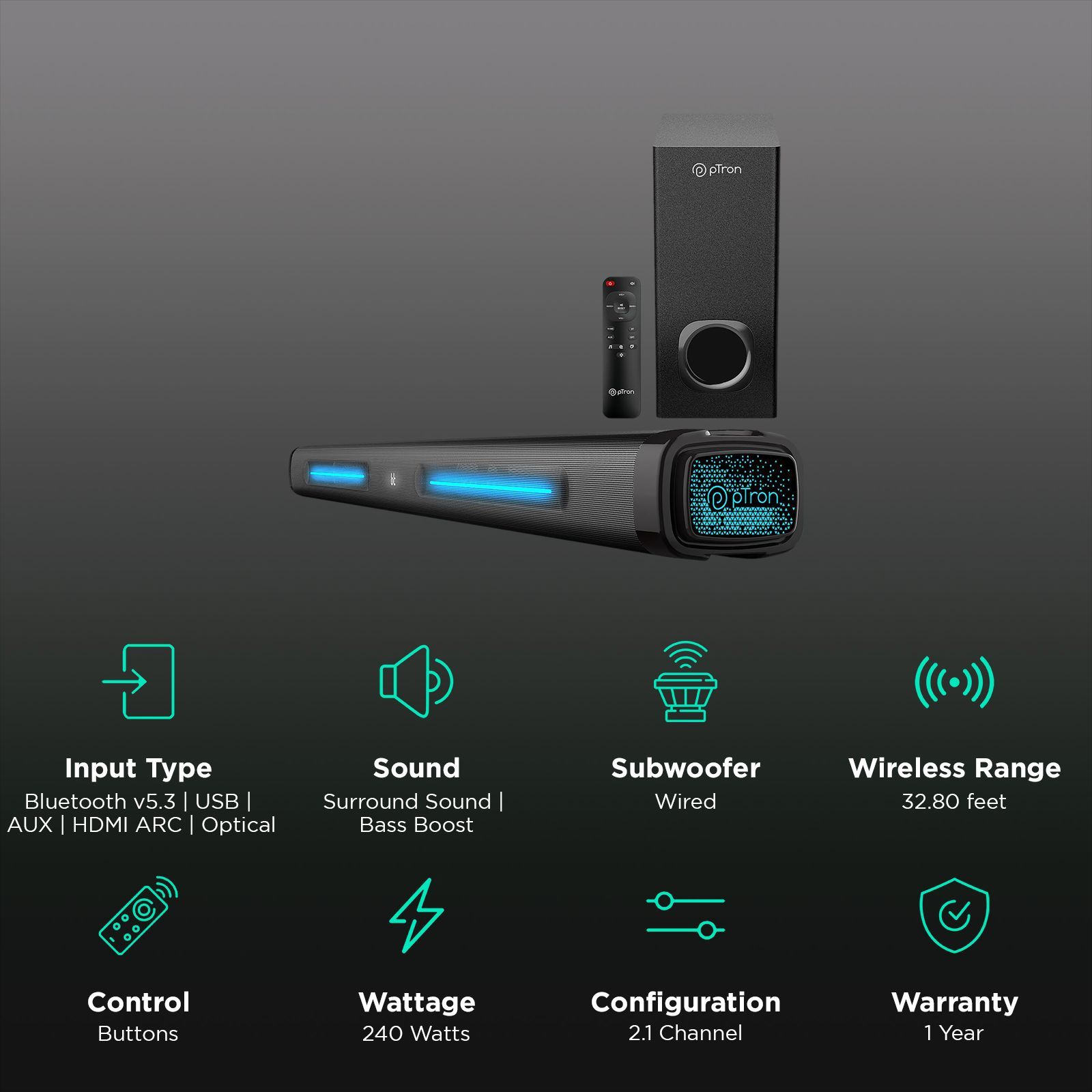 pTron Jazz Pro X1 240W Bluetooth Soundbar with Remote (Bass Boost, 2.1 Channel, Black) pTron Jazz Pro X1 240W Bluetooth Soundbar with Remote (Bass Boost, 2.1 Channel, Black)_2