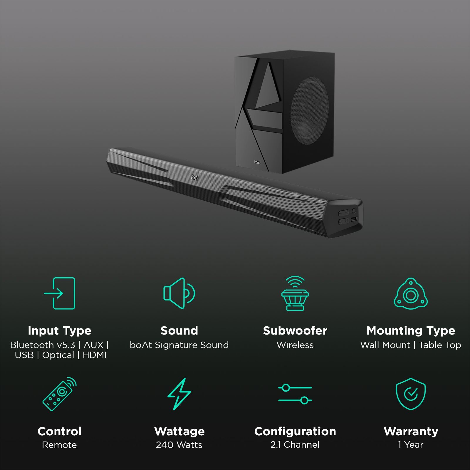 boAt Aavante Bar Quake Pro 240W Bluetooth Soundbar with Remote (Entertainment EQ Modes, 2.1 Channel, Premium Black)_2