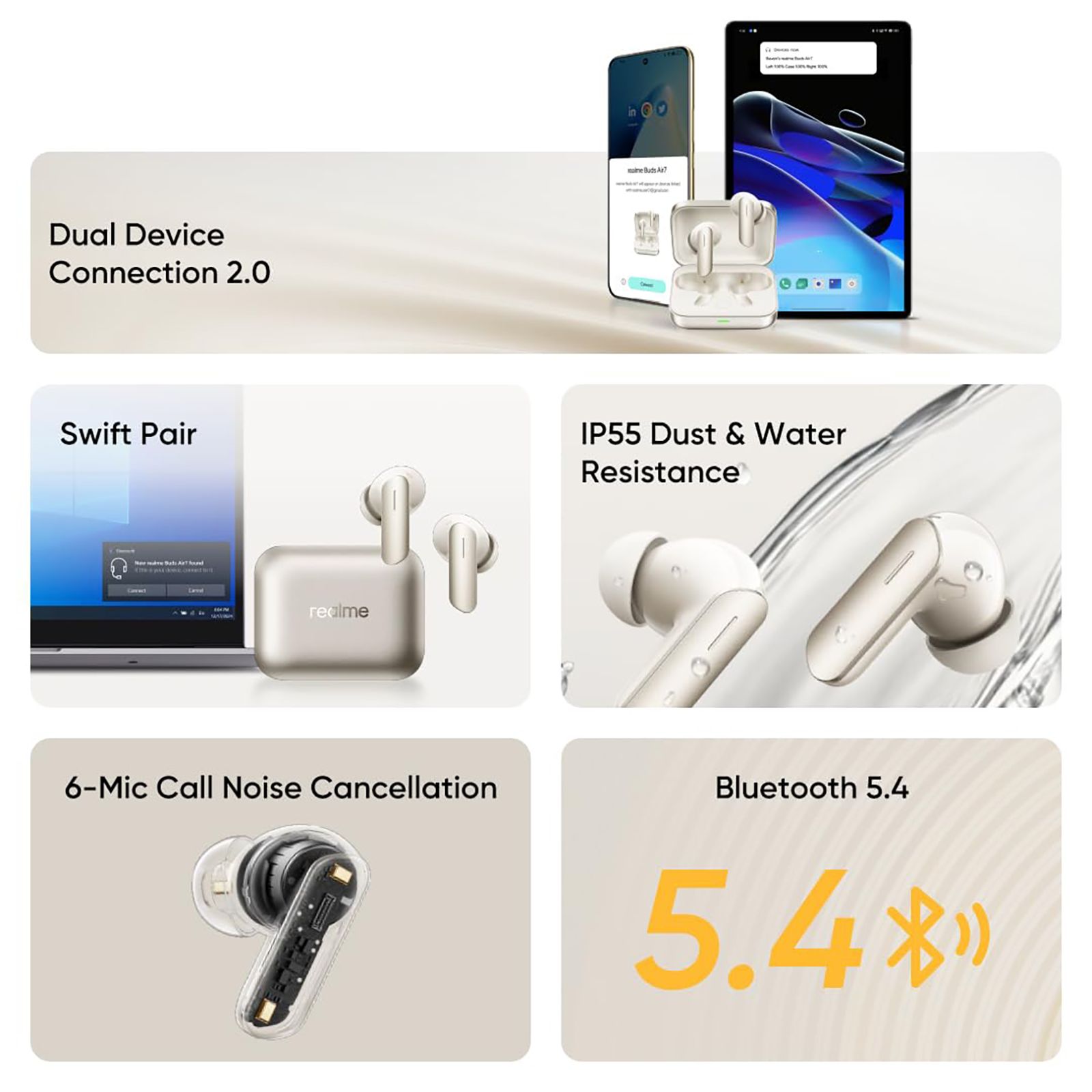 realme Buds Air7 TWS Earbuds with Active Noise Cancellation (IP55 Water Resistant, 360 Degree Spatial Sound, Ivory Gold)_8