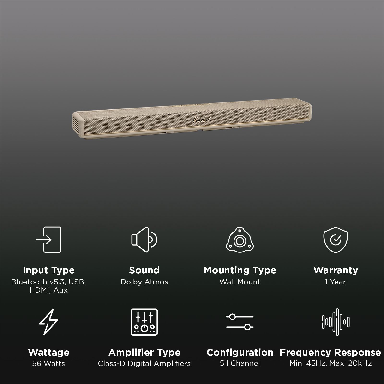 Marshall HESTON 60 56W Bluetooth Soundbar (Dolby Atmos, 5.1 Channel, Cream)_2