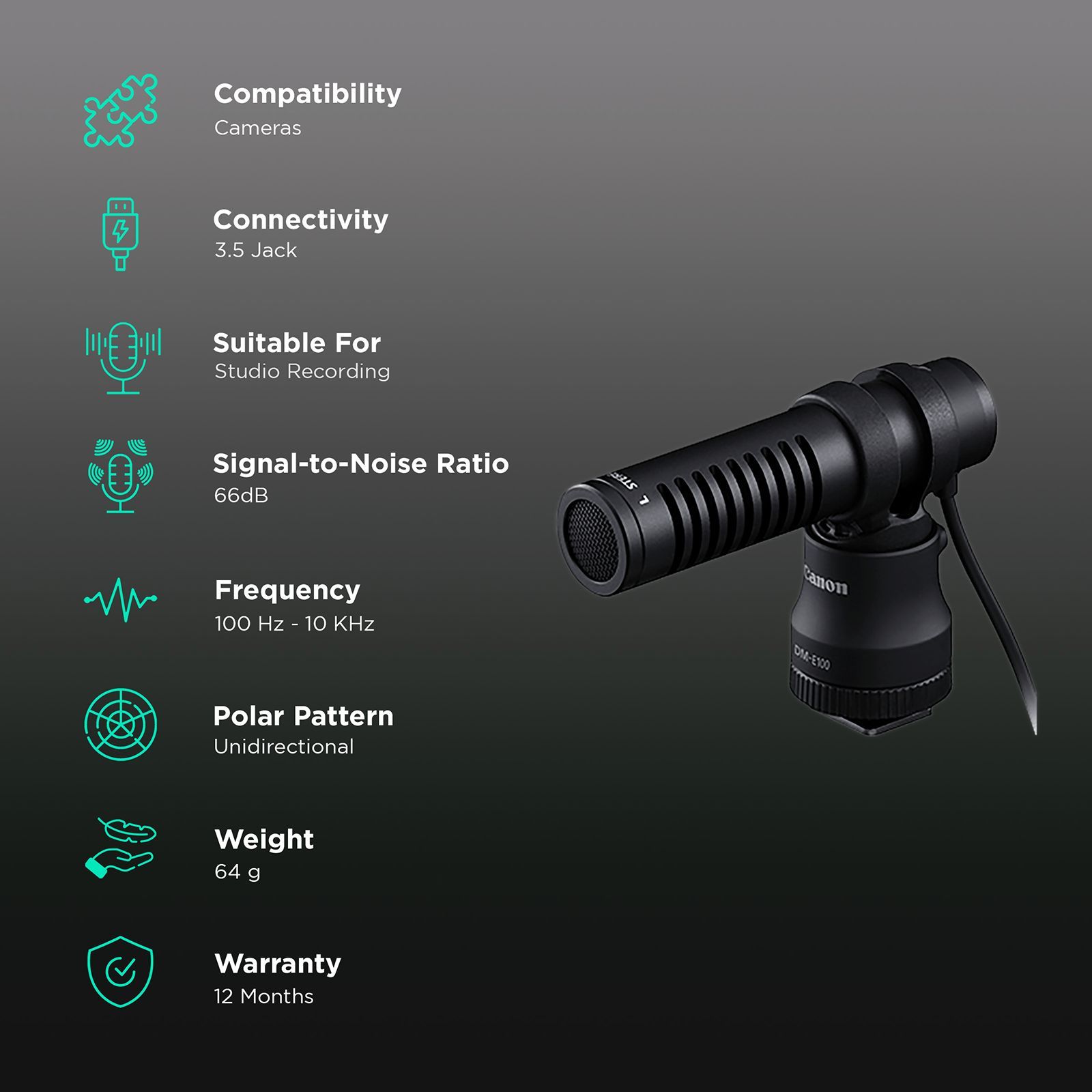 Canon DM-E100 3.5 Jack Wired Microphone with Crystal Clear Audio (Black)_2