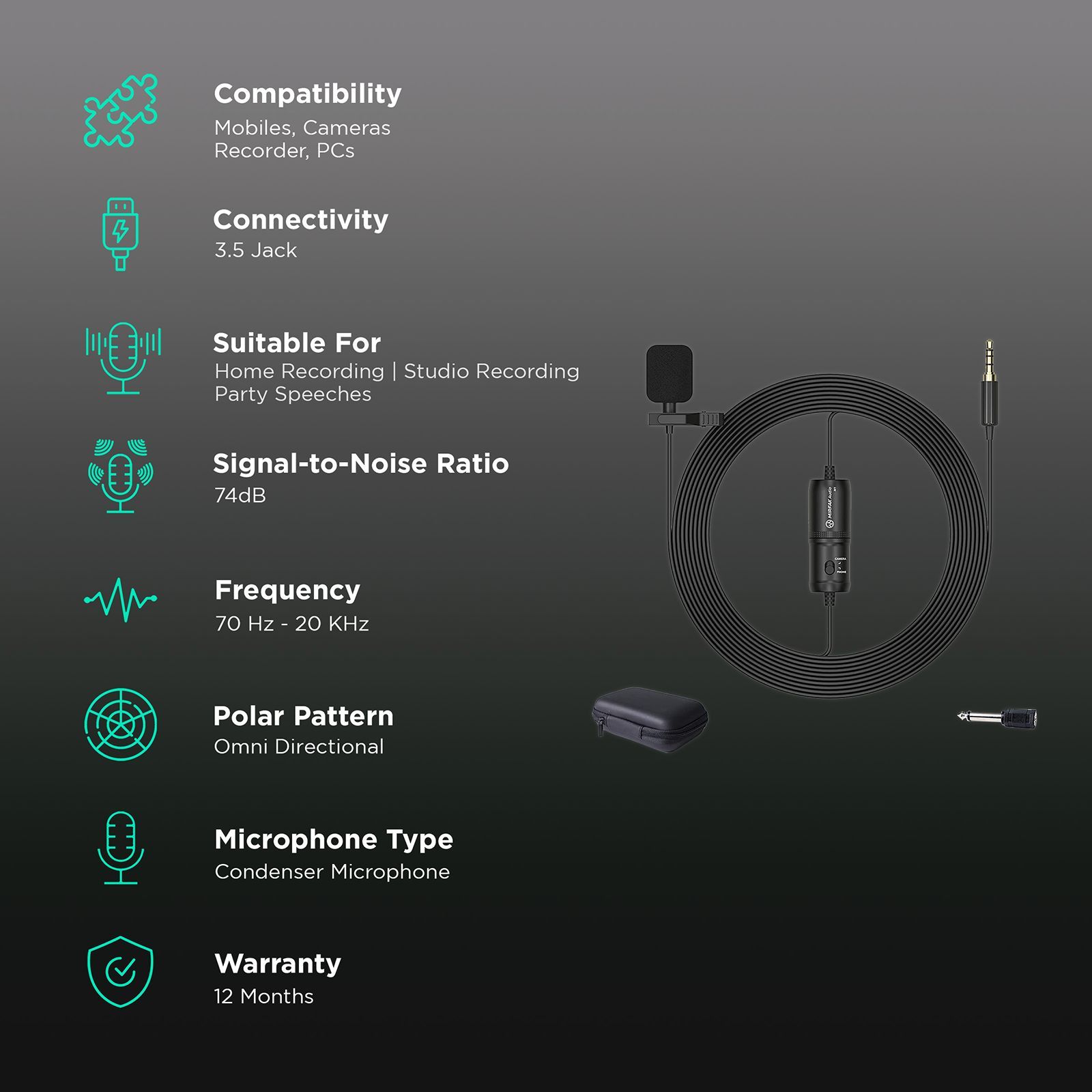 MIRFAK 3.5 Jack Wired Microphone with Intelligent Noise Reduction (Black)_2