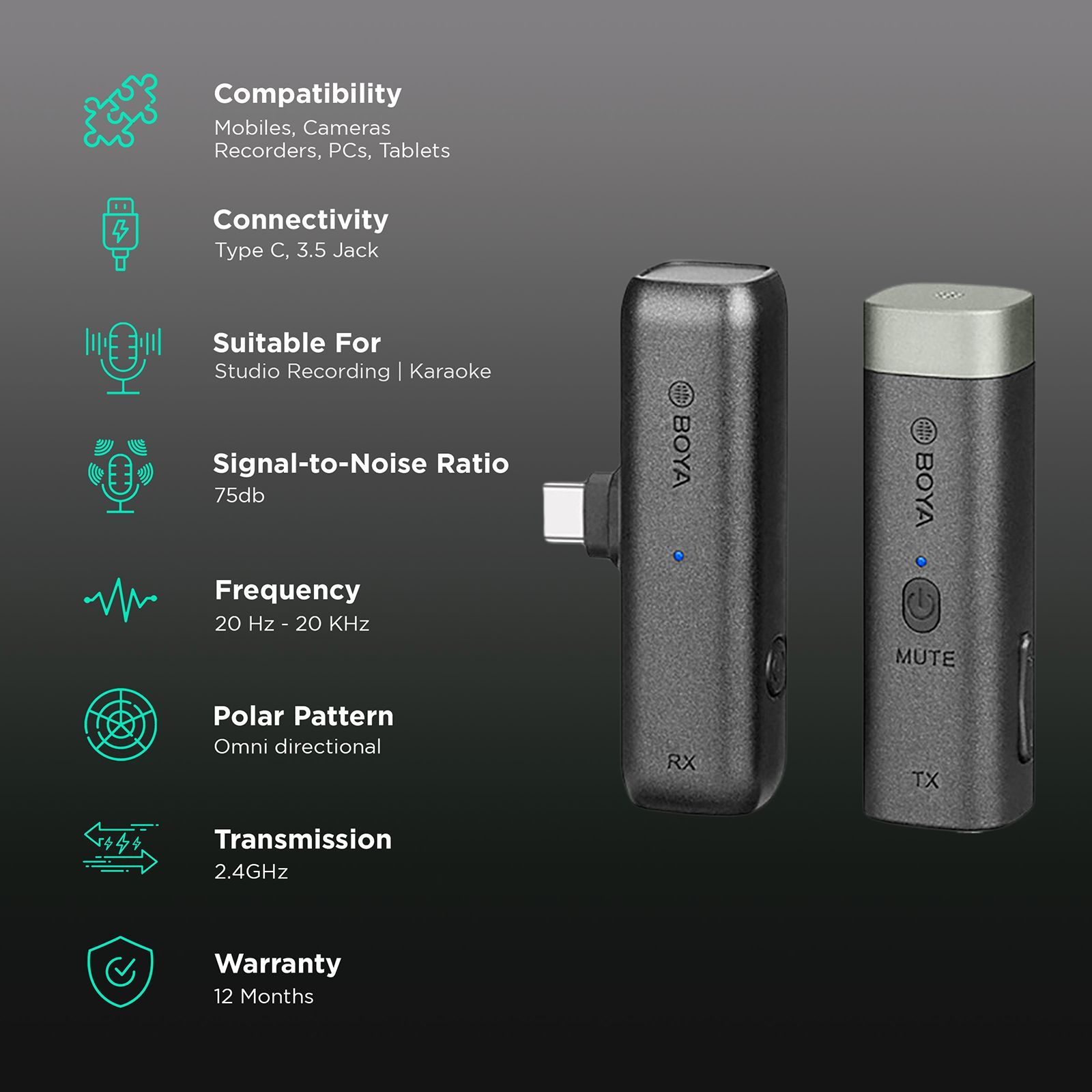 Boya Type C & 3.5 Jack Wireless Microphone with 2.4GHz Transmission Technology (Black) Boya Type C & 3.5 Jack Wireless Microphone with 2.4GHz Transmission Technology (Black)_2