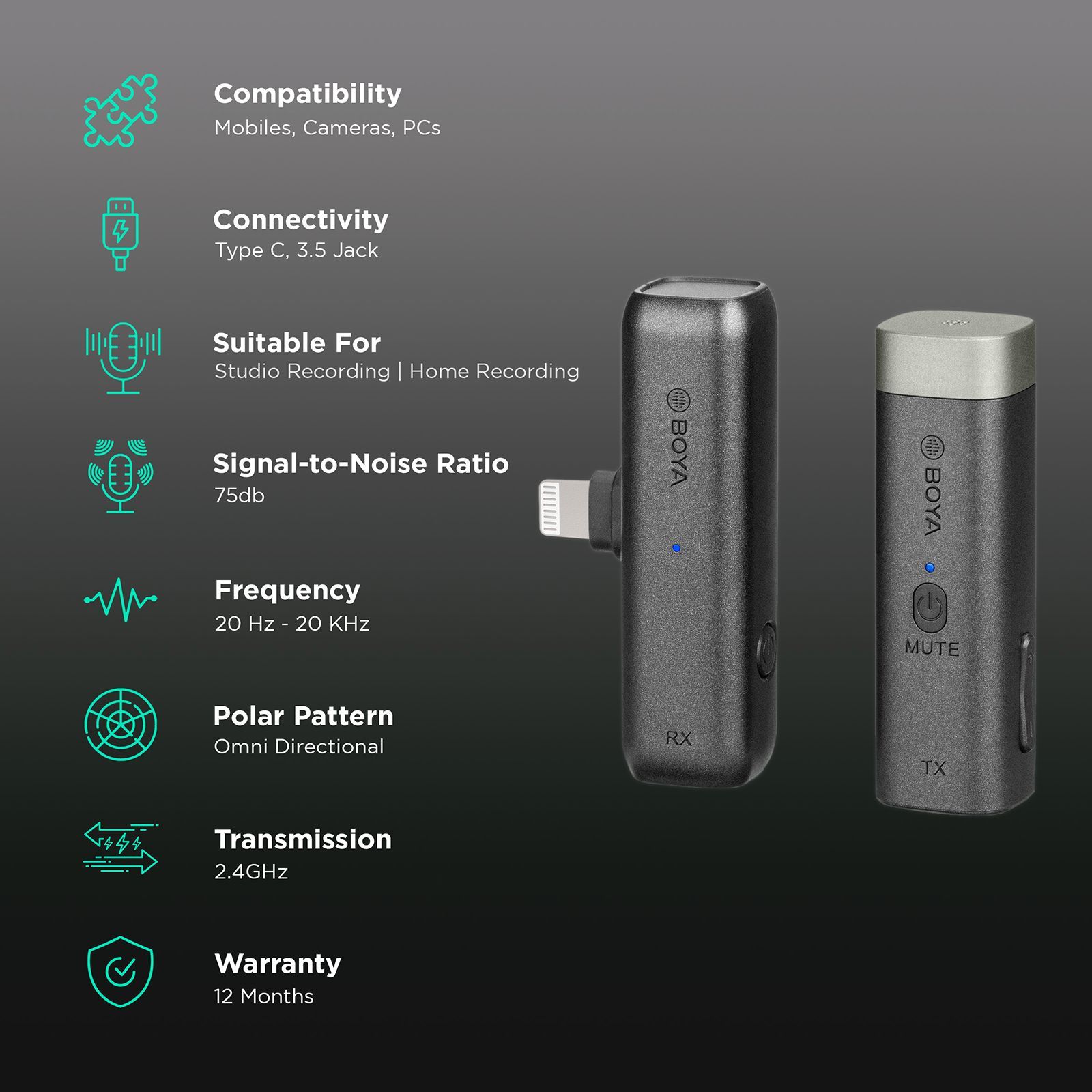 Boya Type C & 3.5 Jack Wireless Microphone with 2.4GHz Transmission Technology (Black) Boya Type C & 3.5 Jack Wireless Microphone with 2.4GHz Transmission Technology (Black)_2