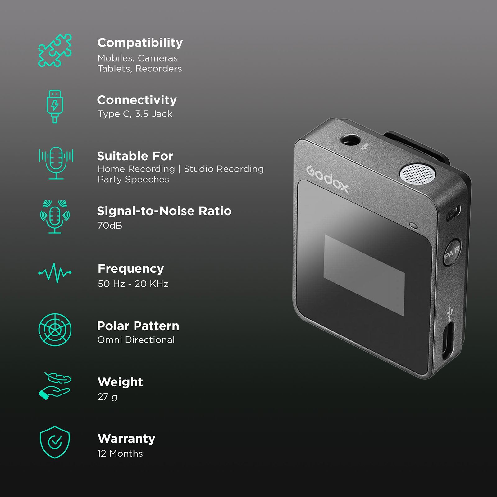 Godox MoveLink M2 Dual Type C & 3.5 Jack Wireless Microphone with 2.4GHz Transmission Technology (Black) Godox MoveLink M2 Dual Type C & 3.5 Jack Wireless Microphone with 2.4GHz Transmission Technology (Black)_2