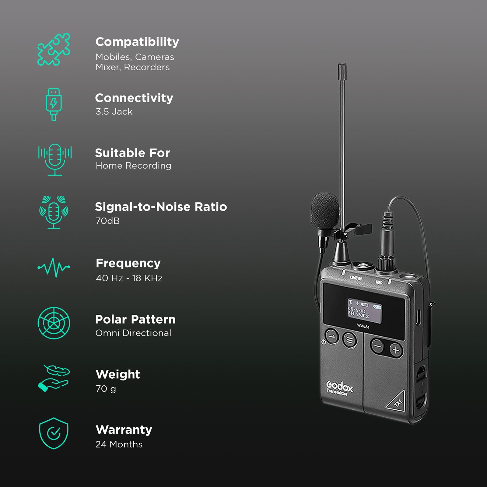 Godox WMicS1 Kit 2 3.5 Jack Wireless Microphone with Noise Reduction (Black)_2