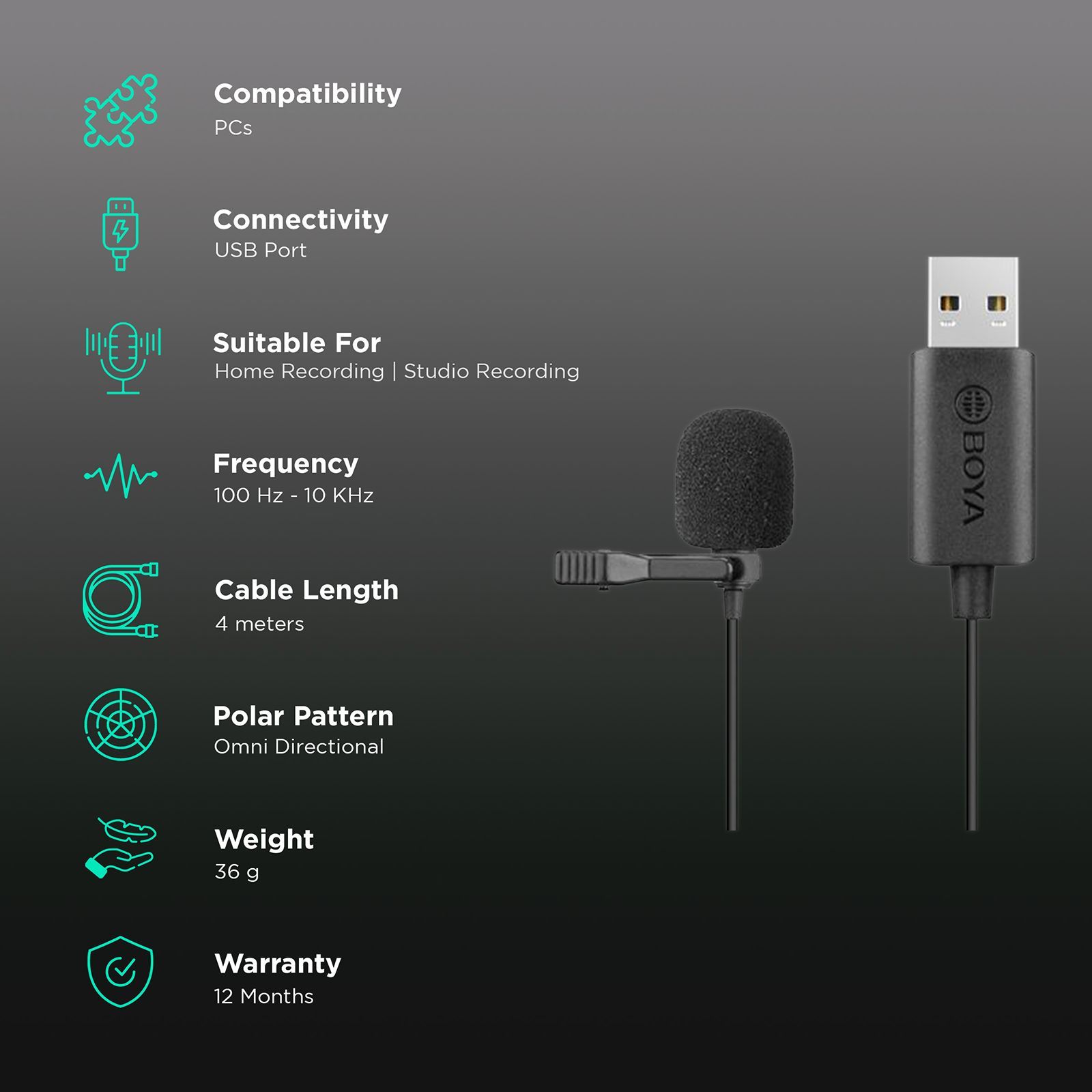 Boya USB Wired Microphone with Clip on Mic (Black)_2