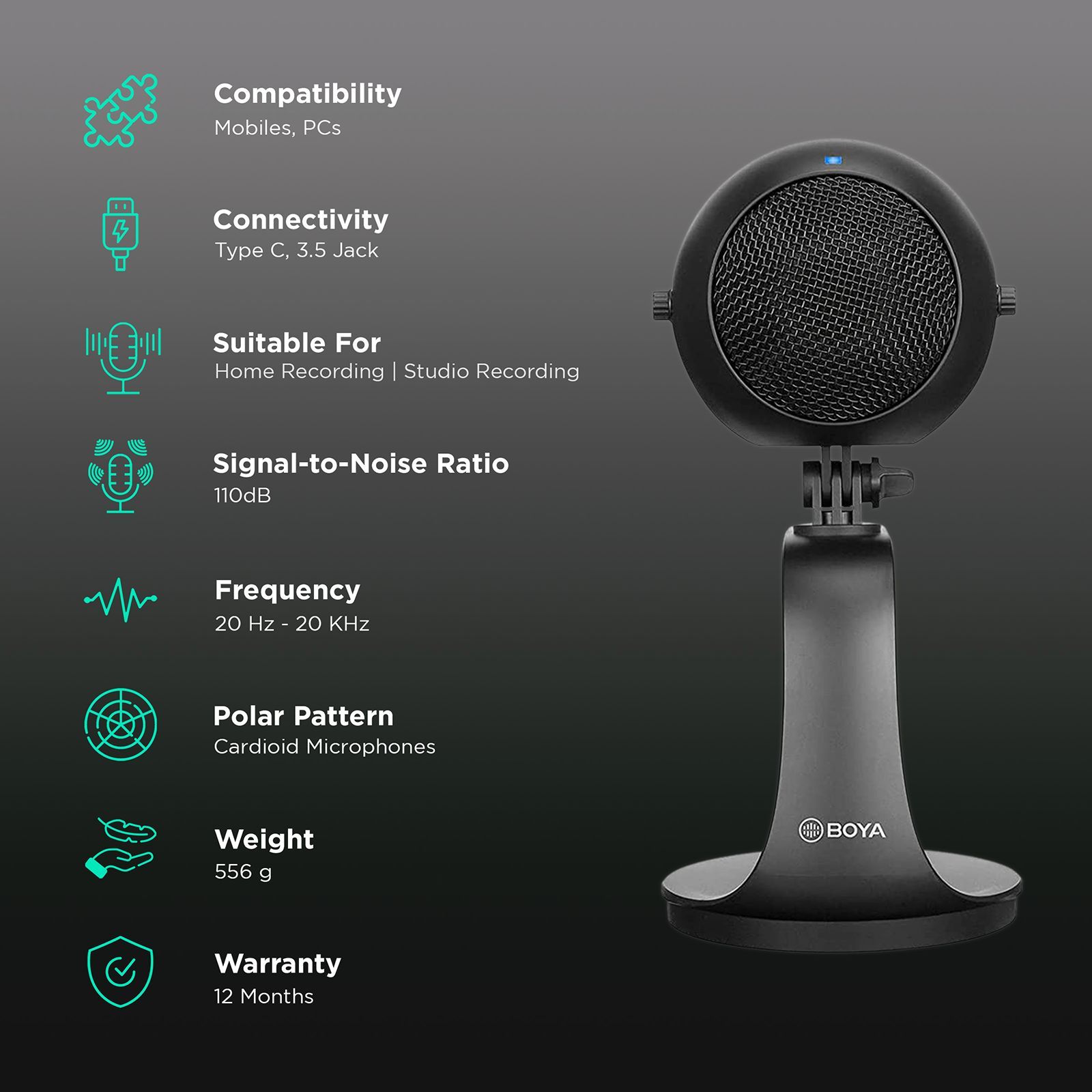 Boya Type C & 3.5 Jack Wired Microphone with Mute Function (Black)_2