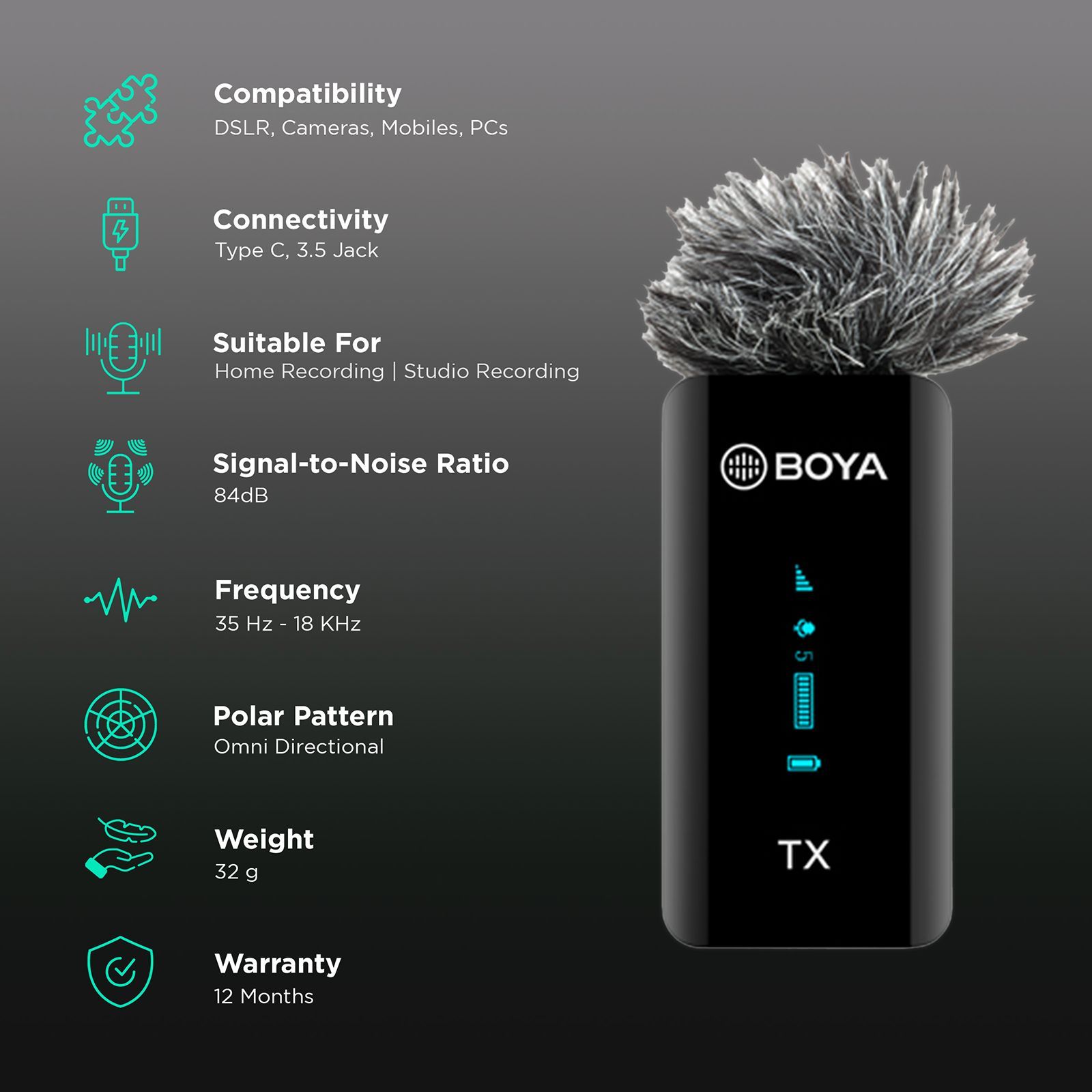 Boya Type C & 3.5 Jack Wireless Microphone with 2.4GHz Transmission Technology (Black)_2