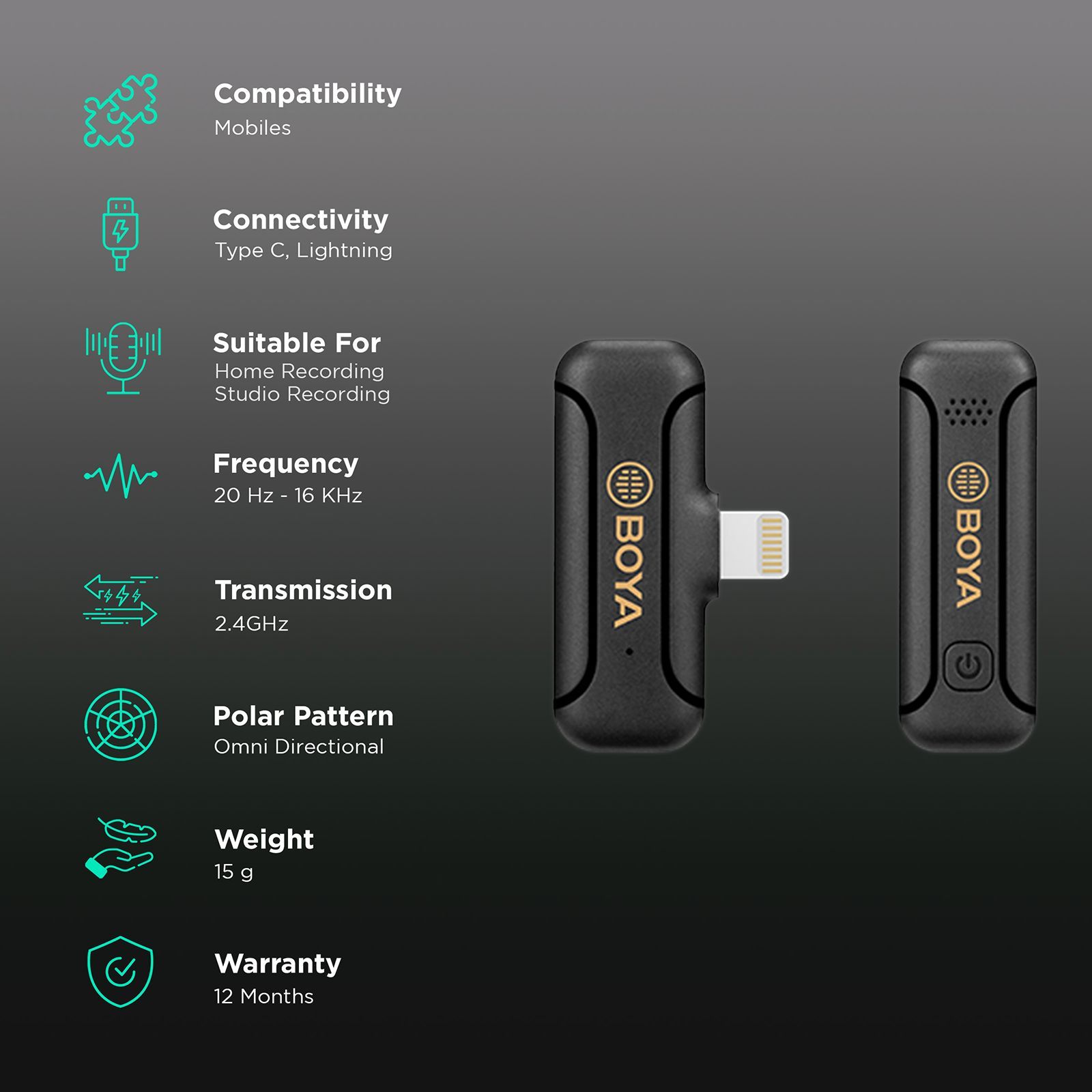 Boya Mini Type C & Lightning Wireless Microphone with Noise Cancellation (Black) Boya Mini Type C & Lightning Wireless Microphone with Noise Cancellation (Black)_2