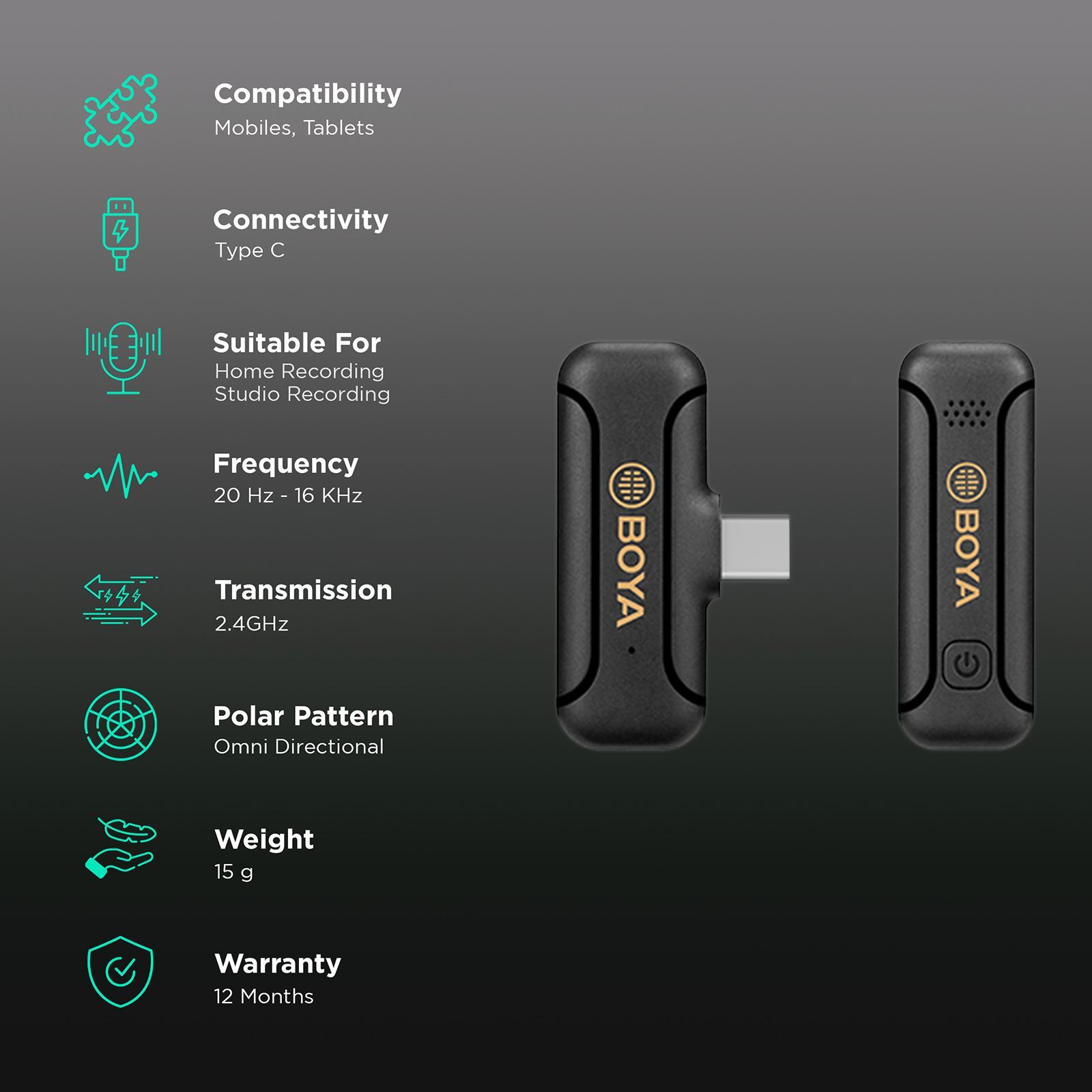 Boya Mini Type C Wireless Microphone with Noise Cancellation (Black)_2