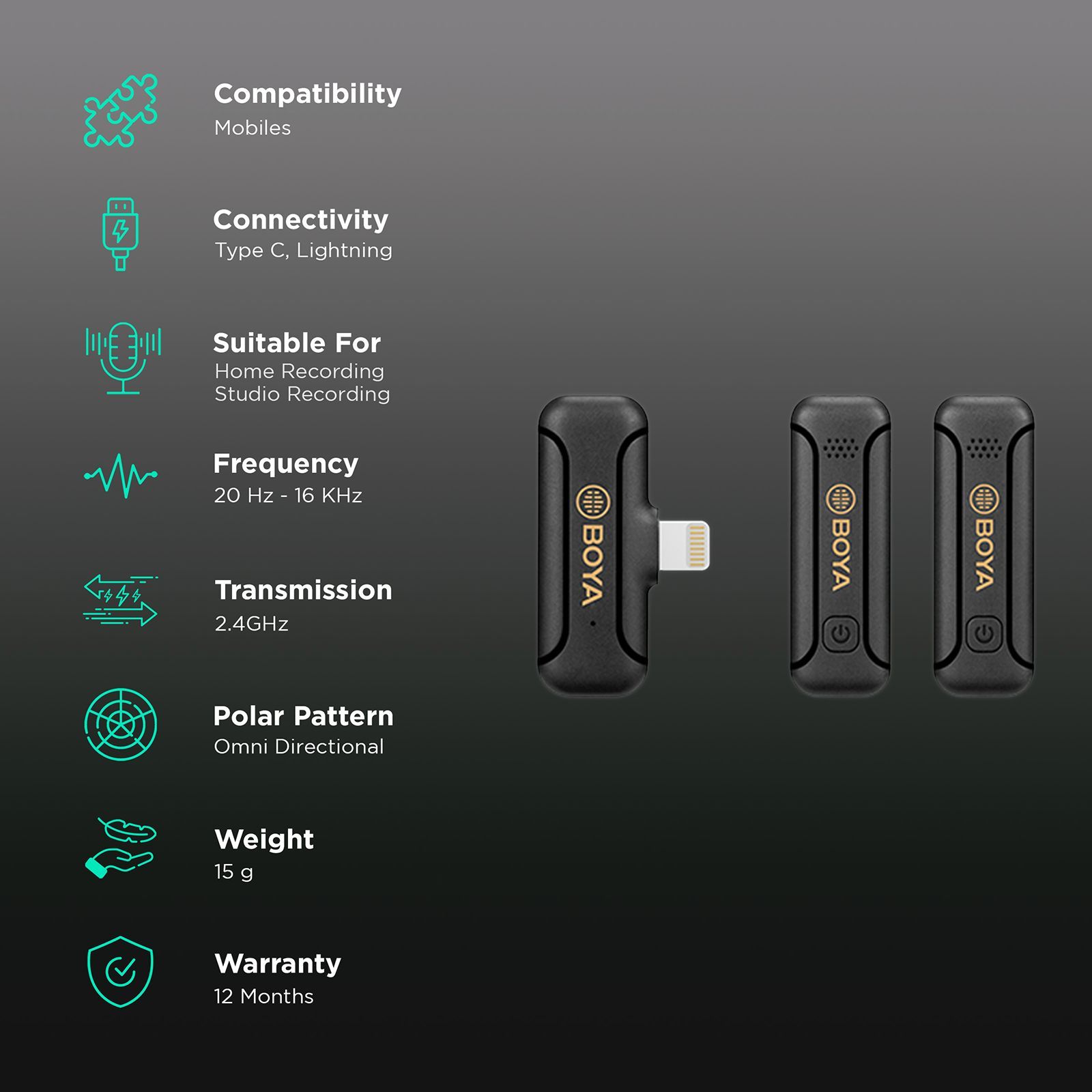 Boya Mini Type C & Lightning Wireless Microphone with Noise Cancellation (Black) Boya Mini Type C & Lightning Wireless Microphone with Noise Cancellation (Black)_2