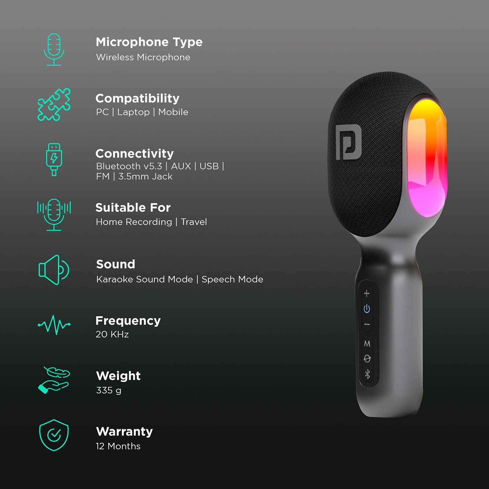 PORTRONICS Dash 2 Type C and 3.5 Jack Wireless Microphone with Speaker (Grey)_2