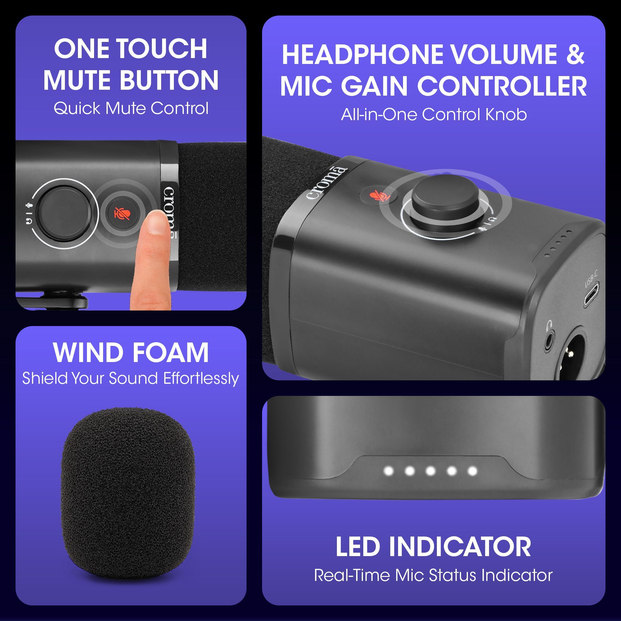 Croma USB, XLR & 3.5 Jack Wired Microphone with Touch Mute Button (Black)_10