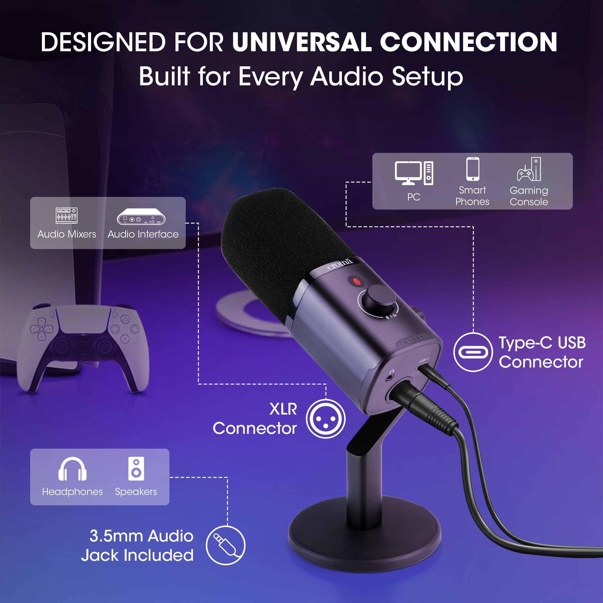 Croma USB, XLR & 3.5 Jack Wired Microphone with Touch Mute Button (Black)_11