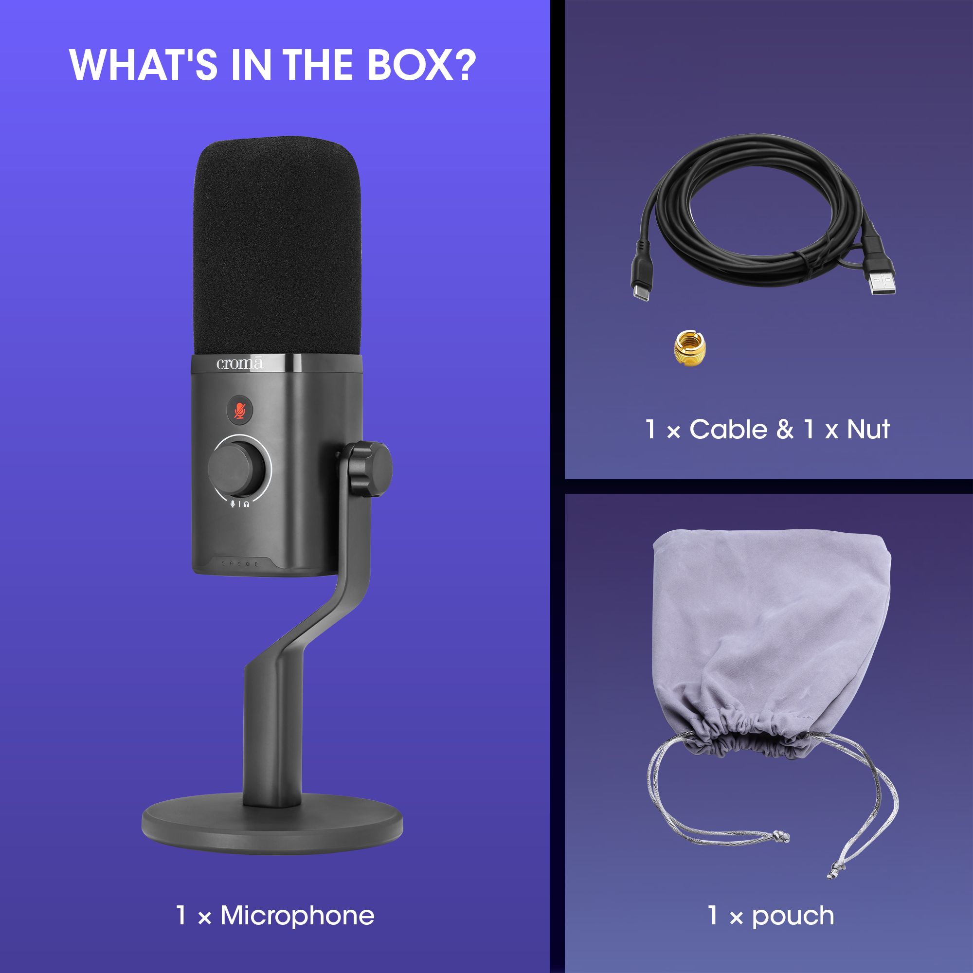 Croma USB, XLR & 3.5 Jack Wired Microphone with Touch Mute Button (Black)_13