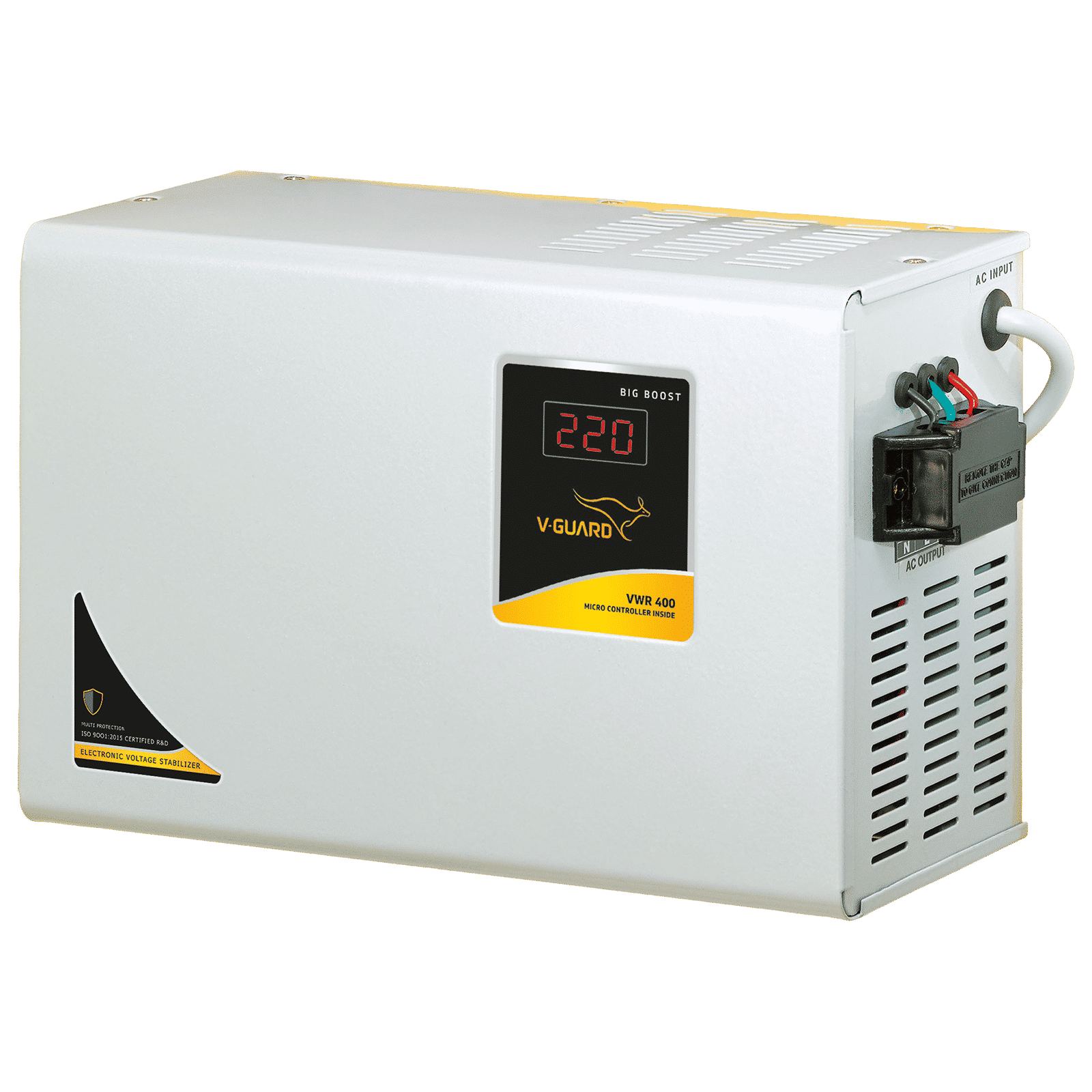 V-GUARD 12 Amps Voltage Stabilizer For Up to 1.5 Ton Air Conditioner (130 - 300 V, Built-In Thermal Overload Protection, VWR 400, Grey)_1