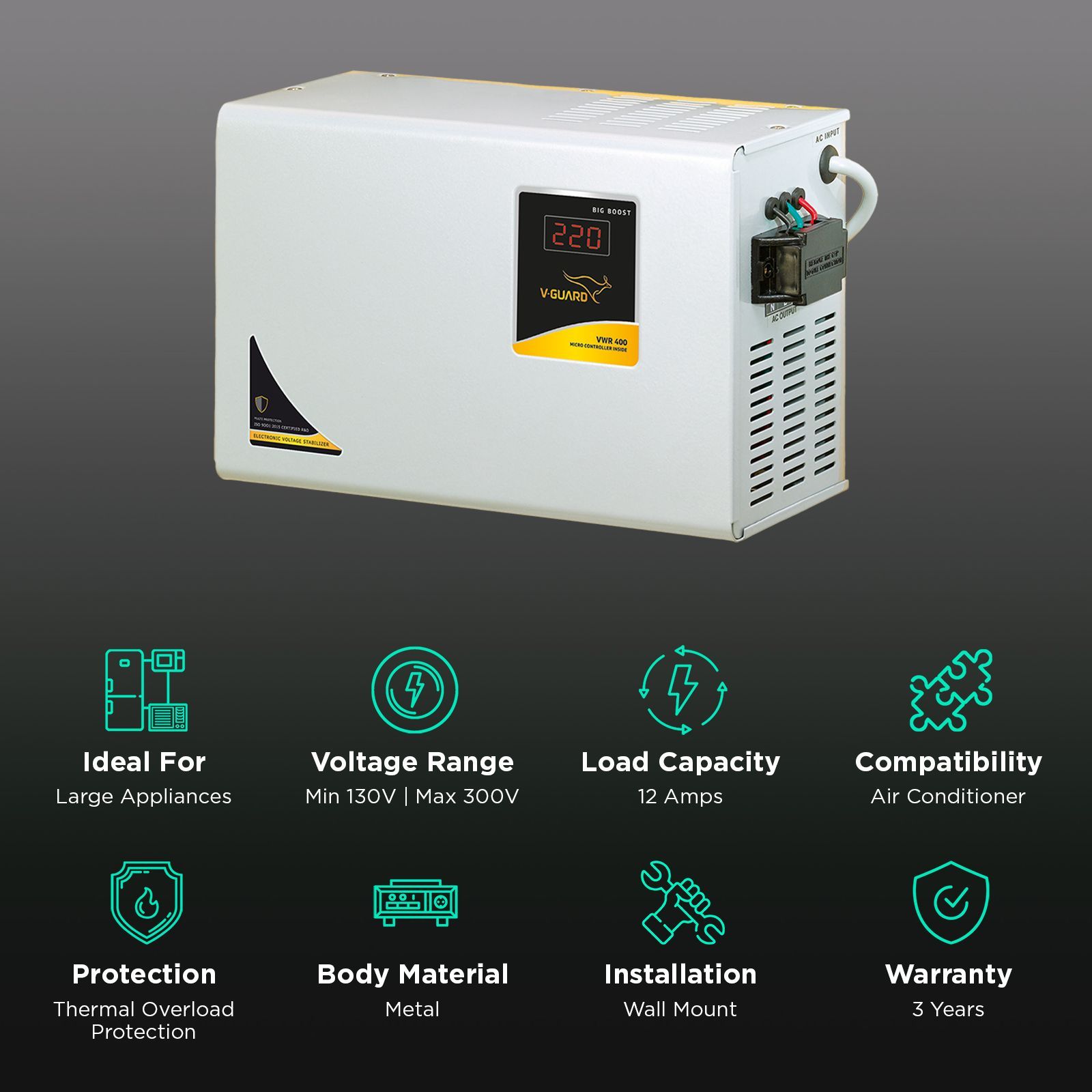 V-GUARD 12 Amps Voltage Stabilizer For Up to 1.5 Ton Air Conditioner (130 - 300 V, Built-In Thermal Overload Protection, VWR 400, Grey)_2